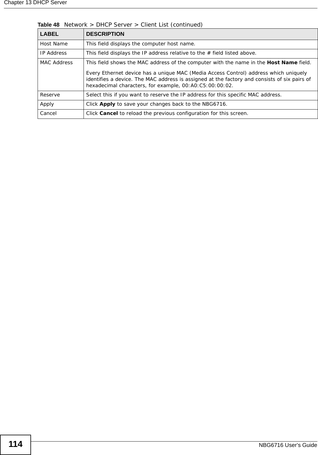Chapter 13 DHCP ServerNBG6716 User’s Guide114Host Name This field displays the computer host name.IP Address This field displays the IP address relative to the # field listed above.MAC Address This field shows the MAC address of the computer with the name in the Host Name field.Every Ethernet device has a unique MAC (Media Access Control) address which uniquely identifies a device. The MAC address is assigned at the factory and consists of six pairs of hexadecimal characters, for example, 00:A0:C5:00:00:02.Reserve Select this if you want to reserve the IP address for this specific MAC address.Apply Click Apply to save your changes back to the NBG6716.Cancel Click Cancel to reload the previous configuration for this screen.Table 48   Network &gt; DHCP Server &gt; Client List (continued)LABEL  DESCRIPTION