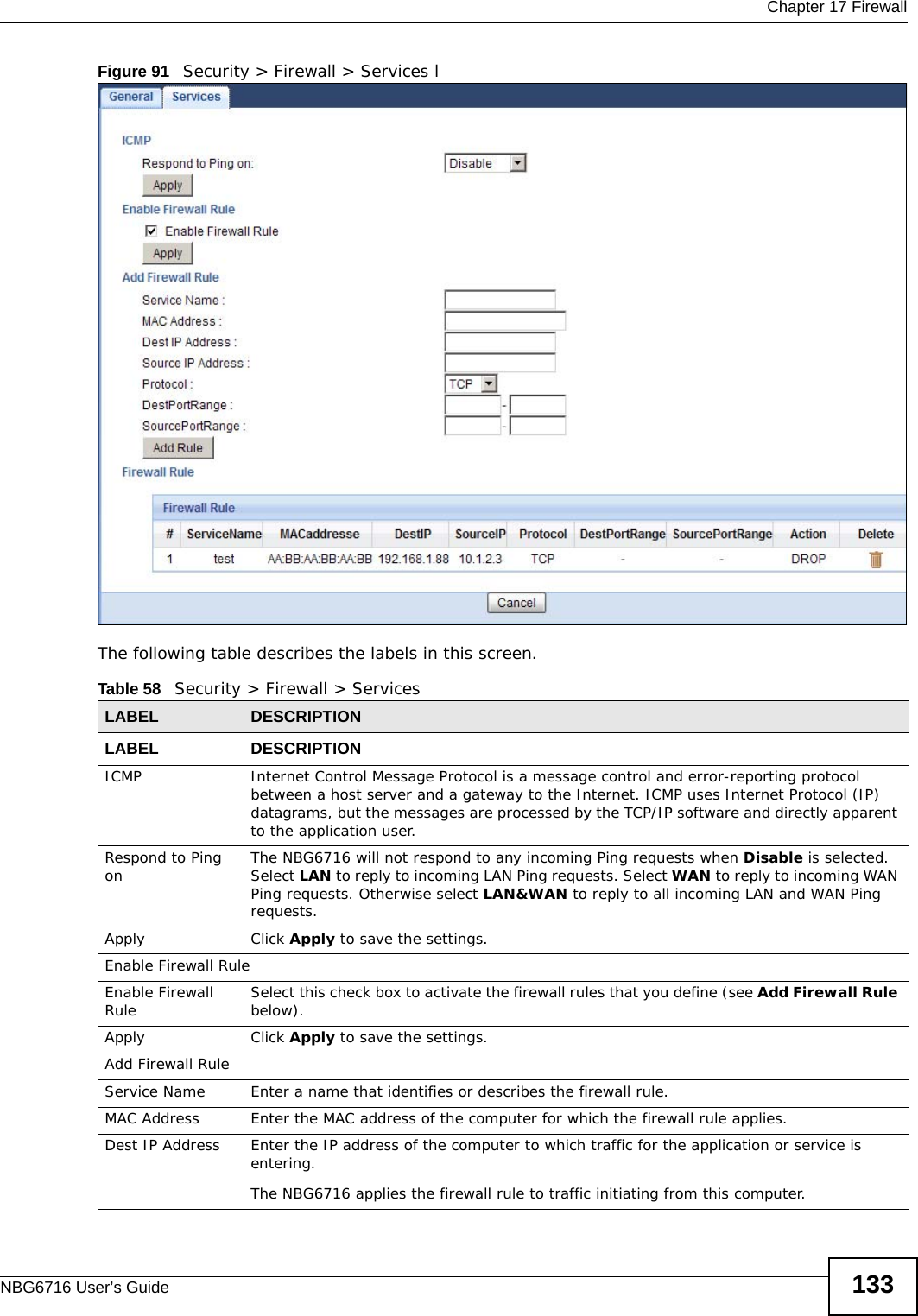  Chapter 17 FirewallNBG6716 User’s Guide 133Figure 91   Security &gt; Firewall &gt; Services lThe following table describes the labels in this screen.Table 58   Security &gt; Firewall &gt; ServicesLABEL DESCRIPTIONLABEL DESCRIPTIONICMP Internet Control Message Protocol is a message control and error-reporting protocol between a host server and a gateway to the Internet. ICMP uses Internet Protocol (IP) datagrams, but the messages are processed by the TCP/IP software and directly apparent to the application user. Respond to Ping on The NBG6716 will not respond to any incoming Ping requests when Disable is selected. Select LAN to reply to incoming LAN Ping requests. Select WAN to reply to incoming WAN Ping requests. Otherwise select LAN&amp;WAN to reply to all incoming LAN and WAN Ping requests. Apply Click Apply to save the settings. Enable Firewall RuleEnable Firewall Rule Select this check box to activate the firewall rules that you define (see Add Firewall Rule below).Apply Click Apply to save the settings. Add Firewall RuleService Name Enter a name that identifies or describes the firewall rule.MAC Address Enter the MAC address of the computer for which the firewall rule applies.Dest IP Address Enter the IP address of the computer to which traffic for the application or service is entering. The NBG6716 applies the firewall rule to traffic initiating from this computer. 