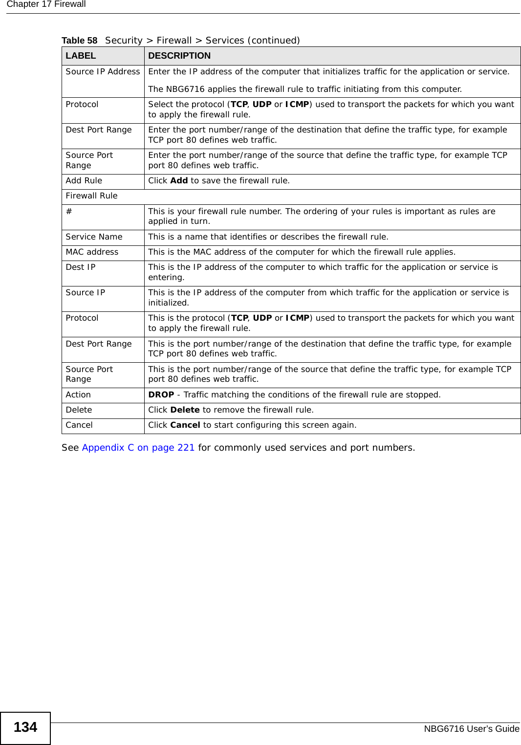 Chapter 17 FirewallNBG6716 User’s Guide134See Appendix C on page 221 for commonly used services and port numbers.Source IP Address Enter the IP address of the computer that initializes traffic for the application or service. The NBG6716 applies the firewall rule to traffic initiating from this computer. Protocol Select the protocol (TCP, UDP or ICMP) used to transport the packets for which you want to apply the firewall rule. Dest Port Range Enter the port number/range of the destination that define the traffic type, for example TCP port 80 defines web traffic.Source Port Range Enter the port number/range of the source that define the traffic type, for example TCP port 80 defines web traffic.Add Rule Click Add to save the firewall rule. Firewall Rule#This is your firewall rule number. The ordering of your rules is important as rules are applied in turn. Service Name This is a name that identifies or describes the firewall rule.MAC address This is the MAC address of the computer for which the firewall rule applies.Dest IP  This is the IP address of the computer to which traffic for the application or service is entering. Source IP  This is the IP address of the computer from which traffic for the application or service is initialized. Protocol This is the protocol (TCP, UDP or ICMP) used to transport the packets for which you want to apply the firewall rule. Dest Port Range This is the port number/range of the destination that define the traffic type, for example TCP port 80 defines web traffic.Source Port Range This is the port number/range of the source that define the traffic type, for example TCP port 80 defines web traffic.Action DROP - Traffic matching the conditions of the firewall rule are stopped.Delete Click Delete to remove the firewall rule.Cancel Click Cancel to start configuring this screen again. Table 58   Security &gt; Firewall &gt; Services (continued)LABEL DESCRIPTION