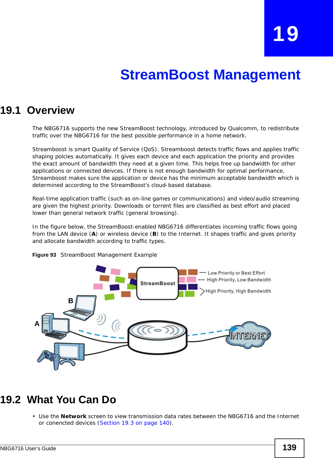 NBG6716 User’s Guide 139CHAPTER   19StreamBoost Management19.1  Overview The NBG6716 supports the new StreamBoost technology, introduced by Qualcomm, to redistribute traffic over the NBG6716 for the best possible performance in a home network. Streamboost is smart Quality of Service (QoS). Streamboost detects traffic flows and applies traffic shaping polcies automatically. It gives each device and each application the priority and provides the exact amount of bandwidth they need at a given time. This helps free up bandwidth for other applications or connected deivces. If there is not enough bandwidth for optimal performance, Streamboost makes sure the application or device has the minimum acceptable bandwidth which is determined according to the StreamBoost’s cloud-based database. Real-time application traffic (such as on-line games or communications) and video/audio streaming are given the highest priority. Downloads or torrent files are classified as best effort and placed lower than general network traffic (general browsing).In the figure below, the StreamBoost-enabled NBG6716 differentiates incoming traffic flows going from the LAN device (A) or wireless device (B) to the Internet. It shapes traffic and gives priority and allocate bandwidth according to traffic types.Figure 93   StreamBoost Management Example19.2  What You Can Do•Use the Network screen to view transmission data rates between the NBG6716 and the Internet or conencted devices (Section 19.3 on page 140).AB