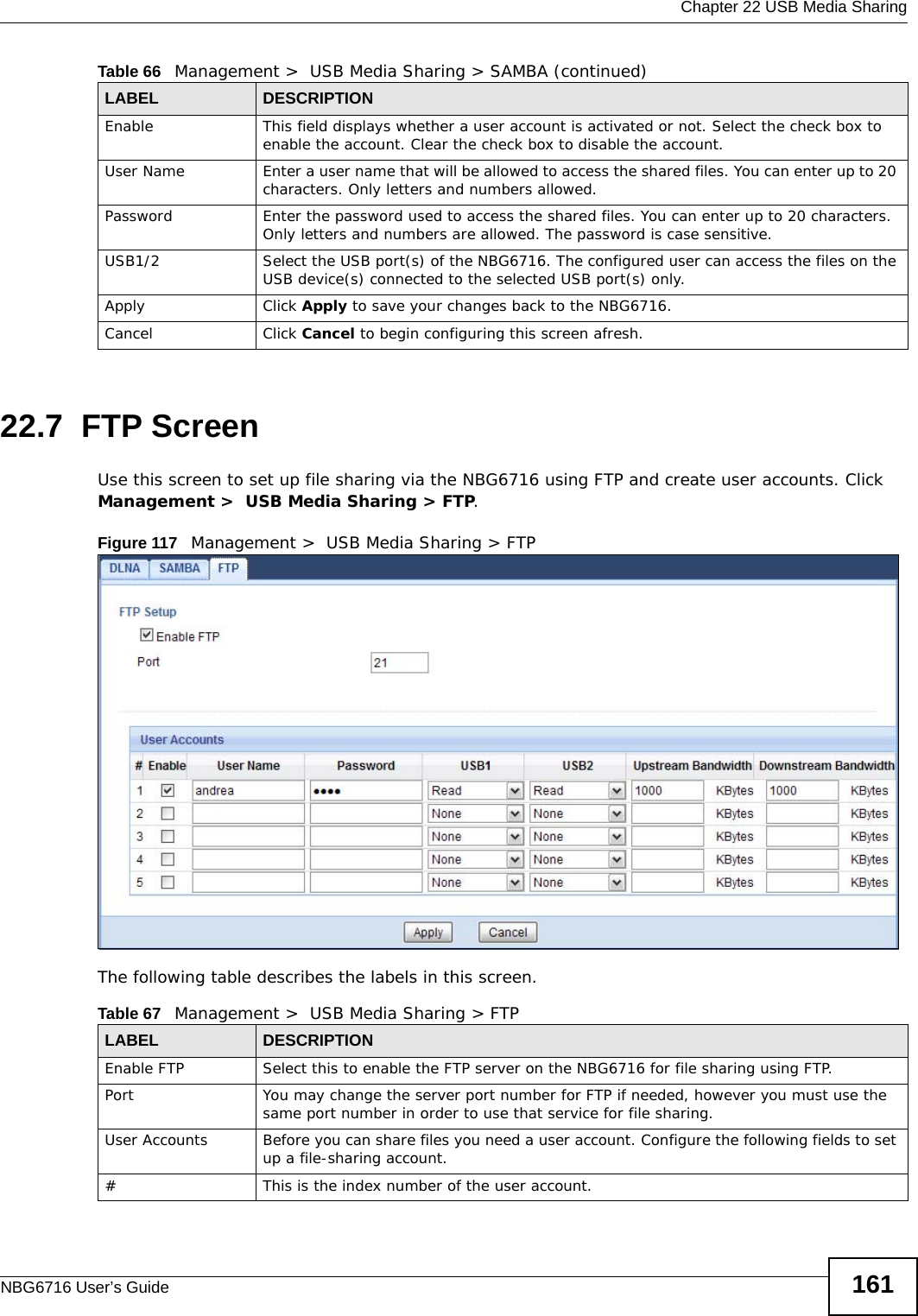  Chapter 22 USB Media SharingNBG6716 User’s Guide 16122.7  FTP ScreenUse this screen to set up file sharing via the NBG6716 using FTP and create user accounts. Click Management &gt;  USB Media Sharing &gt; FTP.Figure 117   Management &gt;  USB Media Sharing &gt; FTP The following table describes the labels in this screen.Enable This field displays whether a user account is activated or not. Select the check box to enable the account. Clear the check box to disable the account.User Name Enter a user name that will be allowed to access the shared files. You can enter up to 20 characters. Only letters and numbers allowed.Password Enter the password used to access the shared files. You can enter up to 20 characters. Only letters and numbers are allowed. The password is case sensitive.USB1/2 Select the USB port(s) of the NBG6716. The configured user can access the files on the USB device(s) connected to the selected USB port(s) only.Apply Click Apply to save your changes back to the NBG6716.Cancel Click Cancel to begin configuring this screen afresh.Table 66   Management &gt;  USB Media Sharing &gt; SAMBA (continued)LABEL DESCRIPTIONTable 67   Management &gt;  USB Media Sharing &gt; FTPLABEL DESCRIPTIONEnable FTP Select this to enable the FTP server on the NBG6716 for file sharing using FTP.Port You may change the server port number for FTP if needed, however you must use the same port number in order to use that service for file sharing.User Accounts Before you can share files you need a user account. Configure the following fields to set up a file-sharing account. #This is the index number of the user account.