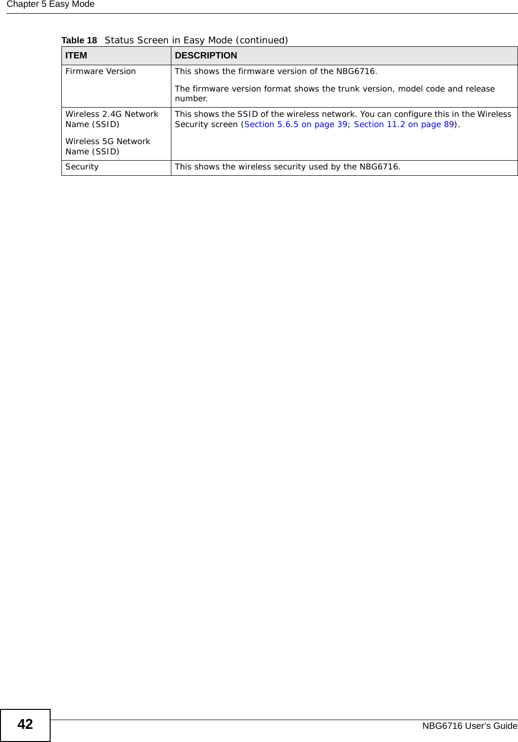 Chapter 5 Easy ModeNBG6716 User’s Guide42Firmware Version This shows the firmware version of the NBG6716. The firmware version format shows the trunk version, model code and release number.Wireless 2.4G Network Name (SSID)Wireless 5G Network Name (SSID)This shows the SSID of the wireless network. You can configure this in the Wireless Security screen (Section 5.6.5 on page 39; Section 11.2 on page 89).Security This shows the wireless security used by the NBG6716.Table 18   Status Screen in Easy Mode (continued)ITEM DESCRIPTION