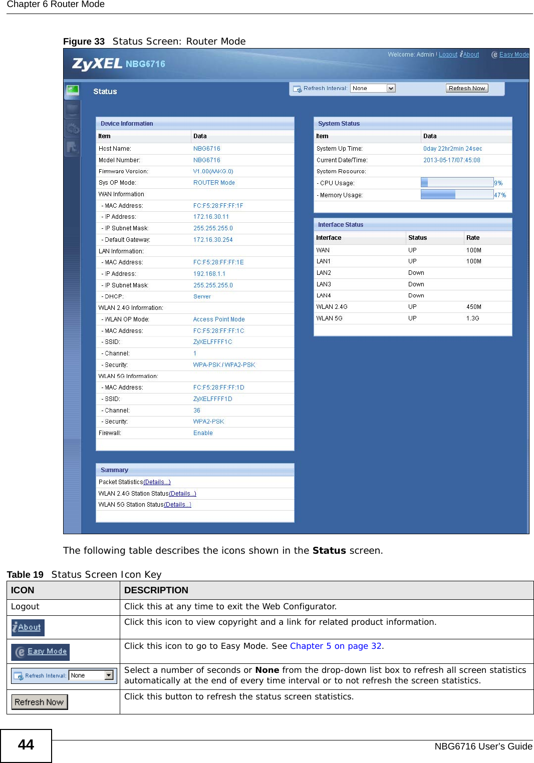 Chapter 6 Router ModeNBG6716 User’s Guide44Figure 33   Status Screen: Router Mode The following table describes the icons shown in the Status screen.Table 19   Status Screen Icon KeyICON DESCRIPTIONLogout Click this at any time to exit the Web Configurator.Click this icon to view copyright and a link for related product information.Click this icon to go to Easy Mode. See Chapter 5 on page 32.Select a number of seconds or None from the drop-down list box to refresh all screen statistics automatically at the end of every time interval or to not refresh the screen statistics.Click this button to refresh the status screen statistics.