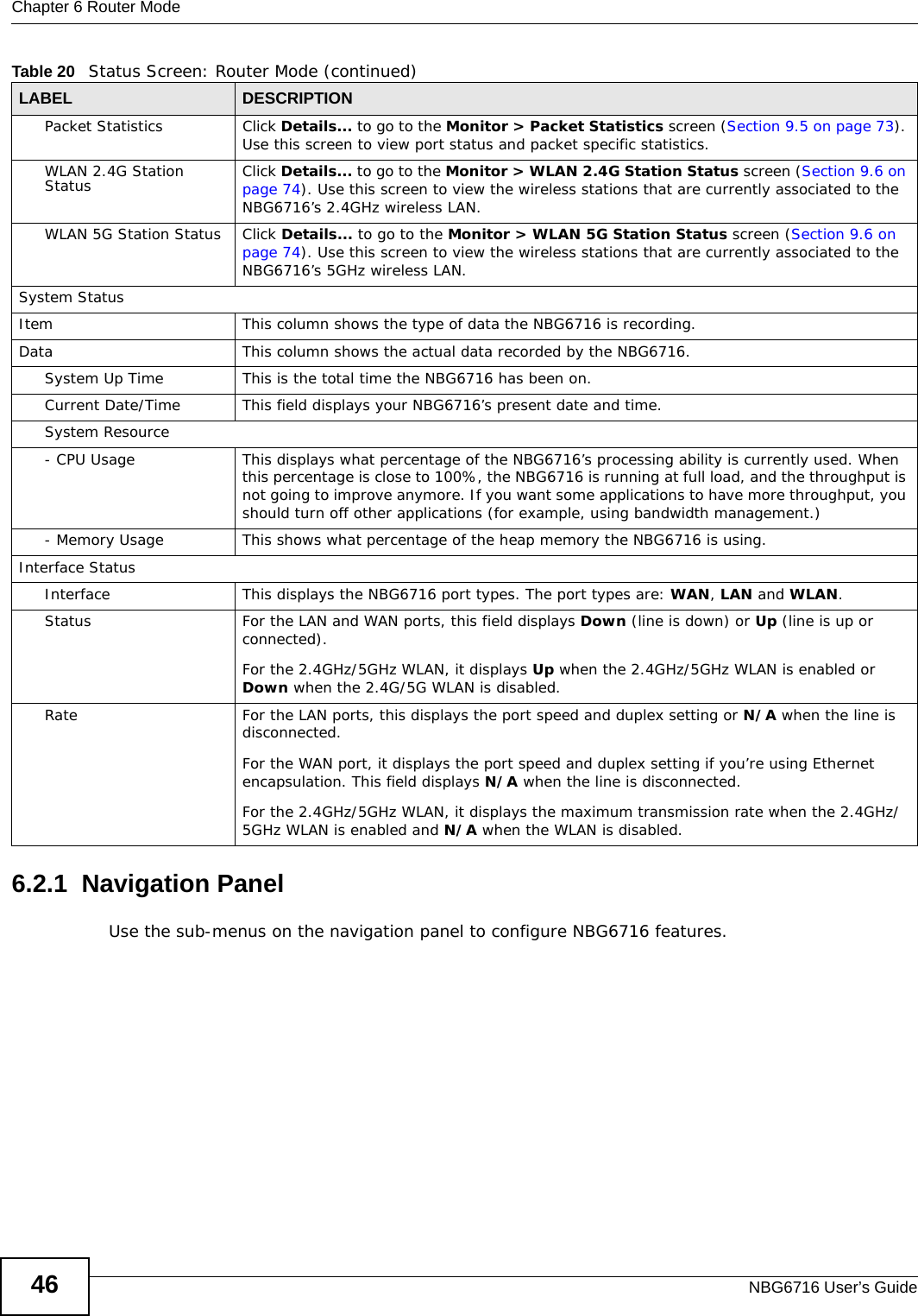 Chapter 6 Router ModeNBG6716 User’s Guide466.2.1  Navigation PanelUse the sub-menus on the navigation panel to configure NBG6716 features. Packet Statistics Click Details... to go to the Monitor &gt; Packet Statistics screen (Section 9.5 on page 73). Use this screen to view port status and packet specific statistics.WLAN 2.4G Station Status Click Details... to go to the Monitor &gt; WLAN 2.4G Station Status screen (Section 9.6 on page 74). Use this screen to view the wireless stations that are currently associated to the NBG6716’s 2.4GHz wireless LAN.WLAN 5G Station Status Click Details... to go to the Monitor &gt; WLAN 5G Station Status screen (Section 9.6 on page 74). Use this screen to view the wireless stations that are currently associated to the NBG6716’s 5GHz wireless LAN.System StatusItem This column shows the type of data the NBG6716 is recording.Data This column shows the actual data recorded by the NBG6716.System Up Time This is the total time the NBG6716 has been on.Current Date/Time This field displays your NBG6716’s present date and time.System Resource- CPU Usage This displays what percentage of the NBG6716’s processing ability is currently used. When this percentage is close to 100%, the NBG6716 is running at full load, and the throughput is not going to improve anymore. If you want some applications to have more throughput, you should turn off other applications (for example, using bandwidth management.)- Memory Usage This shows what percentage of the heap memory the NBG6716 is using. Interface StatusInterface This displays the NBG6716 port types. The port types are: WAN, LAN and WLAN.Status For the LAN and WAN ports, this field displays Down (line is down) or Up (line is up or connected).For the 2.4GHz/5GHz WLAN, it displays Up when the 2.4GHz/5GHz WLAN is enabled or Down when the 2.4G/5G WLAN is disabled.Rate For the LAN ports, this displays the port speed and duplex setting or N/A when the line is disconnected.For the WAN port, it displays the port speed and duplex setting if you’re using Ethernet encapsulation. This field displays N/A when the line is disconnected.For the 2.4GHz/5GHz WLAN, it displays the maximum transmission rate when the 2.4GHz/5GHz WLAN is enabled and N/A when the WLAN is disabled.Table 20   Status Screen: Router Mode (continued) LABEL DESCRIPTION