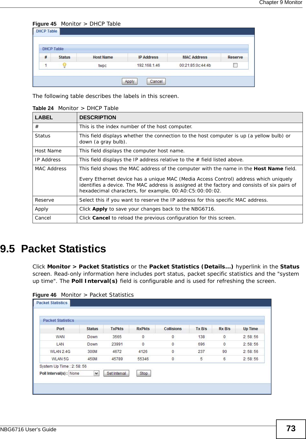  Chapter 9 MonitorNBG6716 User’s Guide 73Figure 45   Monitor &gt; DHCP TableThe following table describes the labels in this screen.9.5  Packet Statistics   Click Monitor &gt; Packet Statistics or the Packet Statistics (Details...) hyperlink in the Status screen. Read-only information here includes port status, packet specific statistics and the &quot;system up time&quot;. The Poll Interval(s) field is configurable and is used for refreshing the screen.Figure 46   Monitor &gt; Packet Statistics Table 24   Monitor &gt; DHCP TableLABEL  DESCRIPTION#  This is the index number of the host computer.Status This field displays whether the connection to the host computer is up (a yellow bulb) or down (a gray bulb).Host Name This field displays the computer host name.IP Address This field displays the IP address relative to the # field listed above.MAC Address This field shows the MAC address of the computer with the name in the Host Name field.Every Ethernet device has a unique MAC (Media Access Control) address which uniquely identifies a device. The MAC address is assigned at the factory and consists of six pairs of hexadecimal characters, for example, 00:A0:C5:00:00:02.Reserve Select this if you want to reserve the IP address for this specific MAC address.Apply Click Apply to save your changes back to the NBG6716.Cancel Click Cancel to reload the previous configuration for this screen.