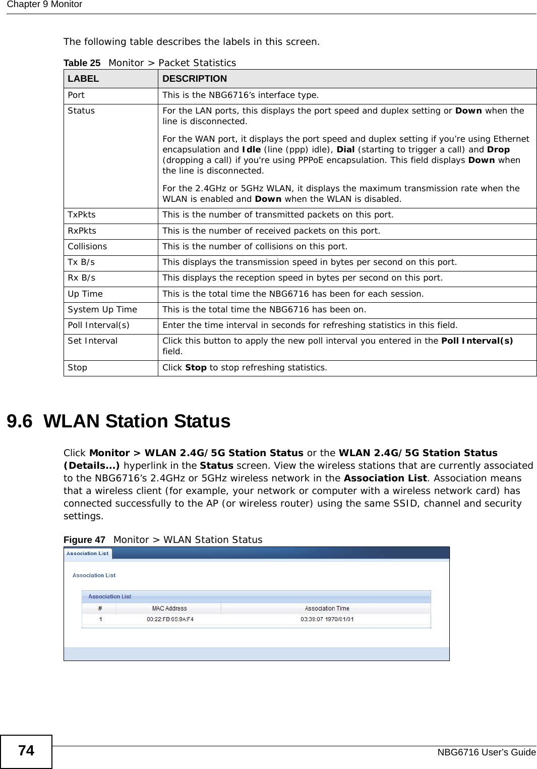 Chapter 9 MonitorNBG6716 User’s Guide74The following table describes the labels in this screen.9.6  WLAN Station Status     Click Monitor &gt; WLAN 2.4G/5G Station Status or the WLAN 2.4G/5G Station Status (Details...) hyperlink in the Status screen. View the wireless stations that are currently associated to the NBG6716’s 2.4GHz or 5GHz wireless network in the Association List. Association means that a wireless client (for example, your network or computer with a wireless network card) has connected successfully to the AP (or wireless router) using the same SSID, channel and security settings.Figure 47   Monitor &gt; WLAN Station Status Table 25   Monitor &gt; Packet StatisticsLABEL DESCRIPTIONPort This is the NBG6716’s interface type.Status  For the LAN ports, this displays the port speed and duplex setting or Down when the line is disconnected.For the WAN port, it displays the port speed and duplex setting if you’re using Ethernet encapsulation and Idle (line (ppp) idle), Dial (starting to trigger a call) and Drop (dropping a call) if you&apos;re using PPPoE encapsulation. This field displays Down when the line is disconnected.For the 2.4GHz or 5GHz WLAN, it displays the maximum transmission rate when the WLAN is enabled and Down when the WLAN is disabled.TxPkts  This is the number of transmitted packets on this port.RxPkts  This is the number of received packets on this port.Collisions  This is the number of collisions on this port.Tx B/s  This displays the transmission speed in bytes per second on this port.Rx B/s This displays the reception speed in bytes per second on this port.Up Time This is the total time the NBG6716 has been for each session.System Up Time This is the total time the NBG6716 has been on.Poll Interval(s) Enter the time interval in seconds for refreshing statistics in this field.Set Interval Click this button to apply the new poll interval you entered in the Poll Interval(s) field.Stop Click Stop to stop refreshing statistics.