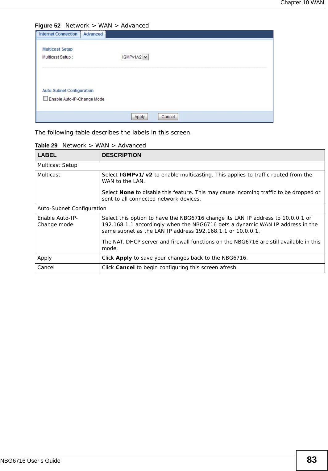  Chapter 10 WANNBG6716 User’s Guide 83Figure 52   Network &gt; WAN &gt; Advanced The following table describes the labels in this screen.Table 29   Network &gt; WAN &gt; AdvancedLABEL DESCRIPTIONMulticast SetupMulticast Select IGMPv1/v2 to enable multicasting. This applies to traffic routed from the WAN to the LAN. Select None to disable this feature. This may cause incoming traffic to be dropped or sent to all connected network devices.Auto-Subnet ConfigurationEnable Auto-IP-Change mode Select this option to have the NBG6716 change its LAN IP address to 10.0.0.1 or 192.168.1.1 accordingly when the NBG6716 gets a dynamic WAN IP address in the same subnet as the LAN IP address 192.168.1.1 or 10.0.0.1.The NAT, DHCP server and firewall functions on the NBG6716 are still available in this mode.Apply Click Apply to save your changes back to the NBG6716.Cancel Click Cancel to begin configuring this screen afresh.