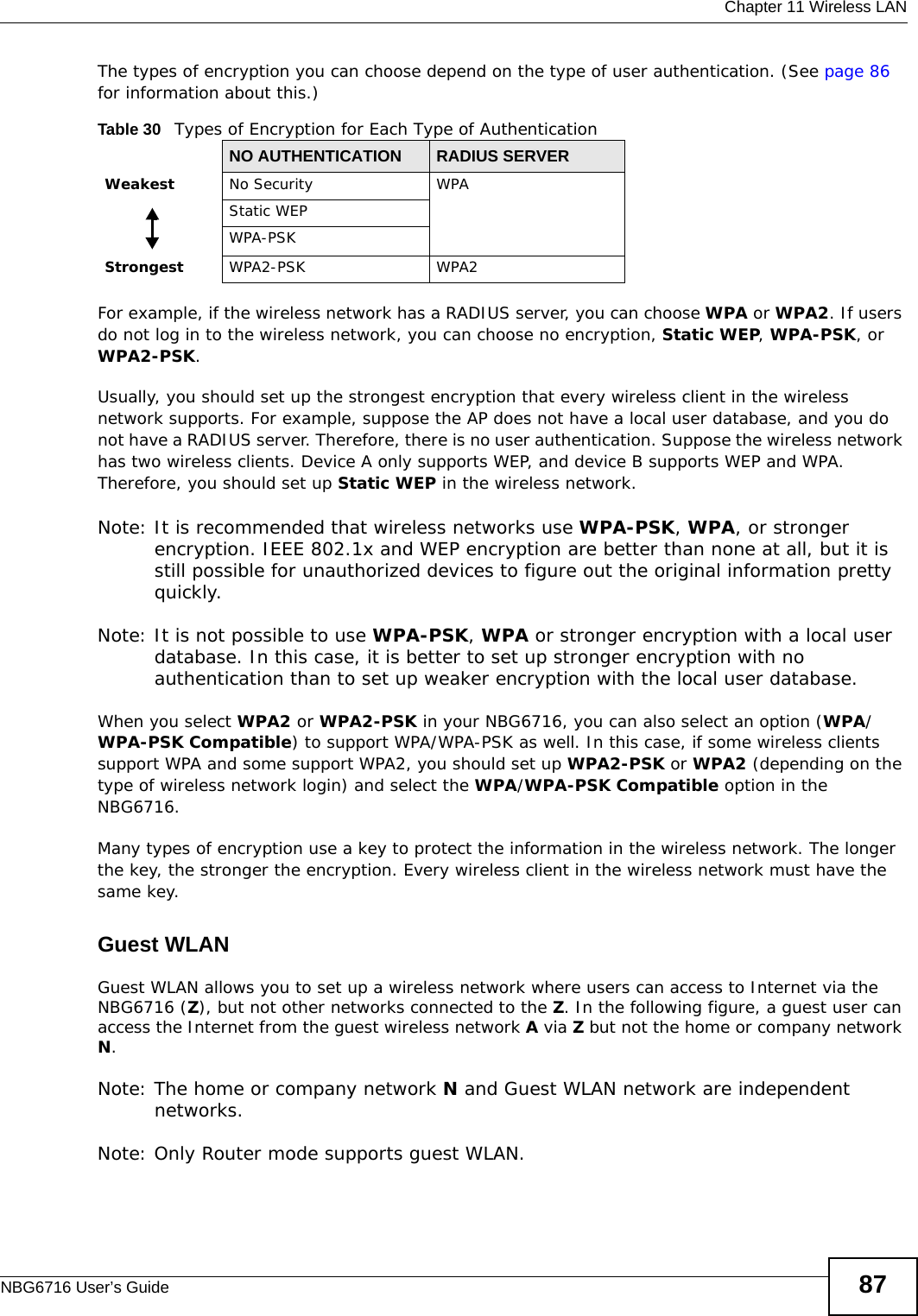  Chapter 11 Wireless LANNBG6716 User’s Guide 87The types of encryption you can choose depend on the type of user authentication. (See page 86 for information about this.)For example, if the wireless network has a RADIUS server, you can choose WPA or WPA2. If users do not log in to the wireless network, you can choose no encryption, Static WEP, WPA-PSK, or WPA2-PSK.Usually, you should set up the strongest encryption that every wireless client in the wireless network supports. For example, suppose the AP does not have a local user database, and you do not have a RADIUS server. Therefore, there is no user authentication. Suppose the wireless network has two wireless clients. Device A only supports WEP, and device B supports WEP and WPA. Therefore, you should set up Static WEP in the wireless network.Note: It is recommended that wireless networks use WPA-PSK, WPA, or stronger encryption. IEEE 802.1x and WEP encryption are better than none at all, but it is still possible for unauthorized devices to figure out the original information pretty quickly.Note: It is not possible to use WPA-PSK, WPA or stronger encryption with a local user database. In this case, it is better to set up stronger encryption with no authentication than to set up weaker encryption with the local user database.When you select WPA2 or WPA2-PSK in your NBG6716, you can also select an option (WPA/WPA-PSK Compatible) to support WPA/WPA-PSK as well. In this case, if some wireless clients support WPA and some support WPA2, you should set up WPA2-PSK or WPA2 (depending on the type of wireless network login) and select the WPA/WPA-PSK Compatible option in the NBG6716.Many types of encryption use a key to protect the information in the wireless network. The longer the key, the stronger the encryption. Every wireless client in the wireless network must have the same key.Guest WLANGuest WLAN allows you to set up a wireless network where users can access to Internet via the NBG6716 (Z), but not other networks connected to the Z. In the following figure, a guest user can access the Internet from the guest wireless network A via Z but not the home or company network N.Note: The home or company network N and Guest WLAN network are independent networks.Note: Only Router mode supports guest WLAN. Table 30   Types of Encryption for Each Type of AuthenticationNO AUTHENTICATION RADIUS SERVERWeakest No Security WPAStatic WEPWPA-PSKStrongest WPA2-PSK WPA2