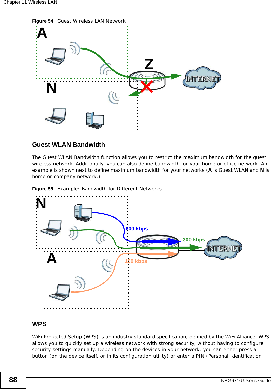 Chapter 11 Wireless LANNBG6716 User’s Guide88Figure 54   Guest Wireless LAN NetworkGuest WLAN BandwidthThe Guest WLAN Bandwidth function allows you to restrict the maximum bandwidth for the guest wireless network. Additionally, you can also define bandwidth for your home or office network. An example is shown next to define maximum bandwidth for your networks (A is Guest WLAN and N is home or company network.)Figure 55   Example: Bandwidth for Different NetworksWPSWiFi Protected Setup (WPS) is an industry standard specification, defined by the WiFi Alliance. WPS allows you to quickly set up a wireless network with strong security, without having to configure security settings manually. Depending on the devices in your network, you can either press a button (on the device itself, or in its configuration utility) or enter a PIN (Personal Identification NAZ600 kbps100 kbpsNA300 kbps