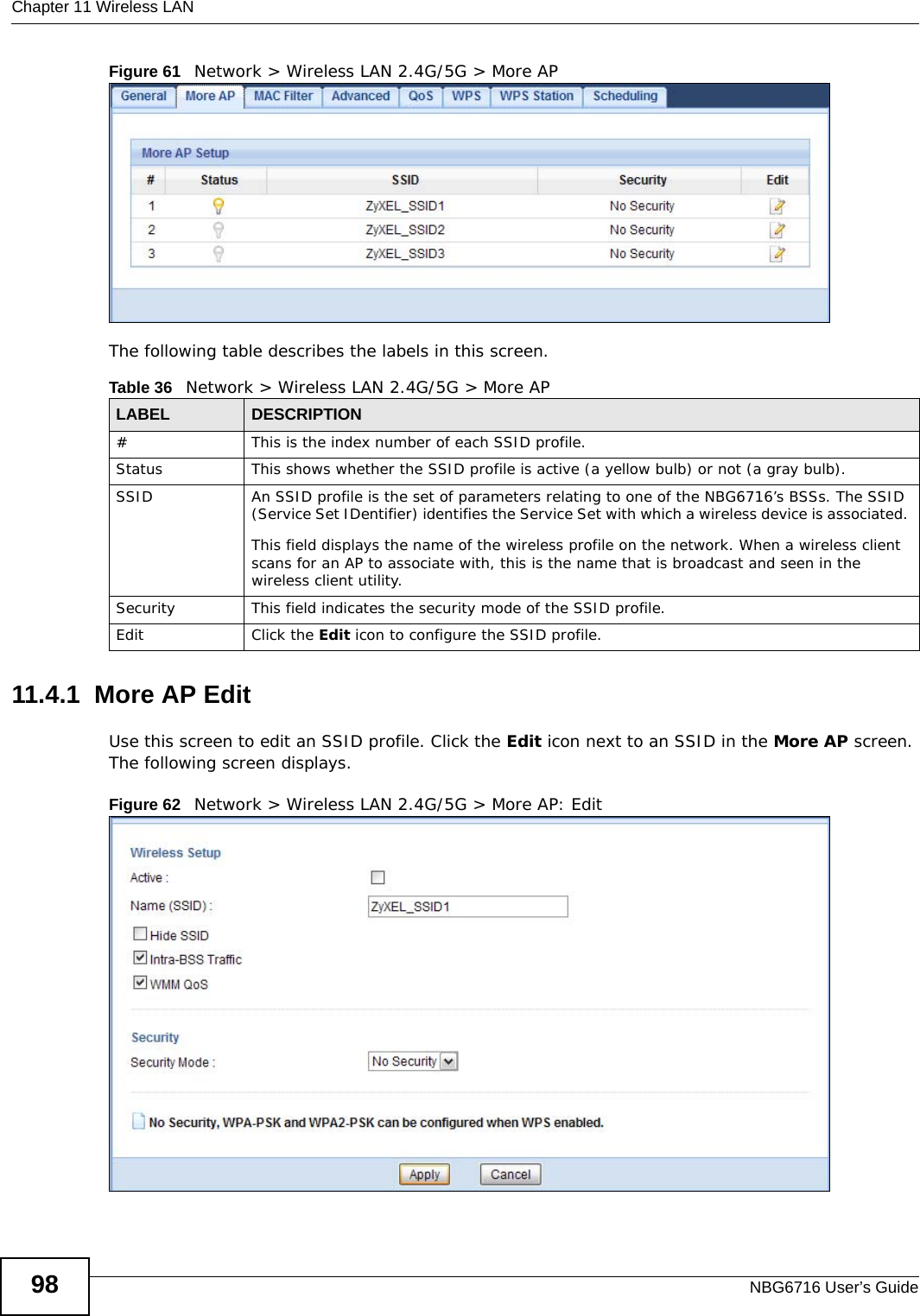 Chapter 11 Wireless LANNBG6716 User’s Guide98Figure 61   Network &gt; Wireless LAN 2.4G/5G &gt; More AP The following table describes the labels in this screen.11.4.1  More AP EditUse this screen to edit an SSID profile. Click the Edit icon next to an SSID in the More AP screen. The following screen displays.Figure 62   Network &gt; Wireless LAN 2.4G/5G &gt; More AP: Edit Table 36   Network &gt; Wireless LAN 2.4G/5G &gt; More APLABEL DESCRIPTION#This is the index number of each SSID profile. Status This shows whether the SSID profile is active (a yellow bulb) or not (a gray bulb).SSID An SSID profile is the set of parameters relating to one of the NBG6716’s BSSs. The SSID (Service Set IDentifier) identifies the Service Set with which a wireless device is associated. This field displays the name of the wireless profile on the network. When a wireless client scans for an AP to associate with, this is the name that is broadcast and seen in the wireless client utility.Security This field indicates the security mode of the SSID profile.Edit Click the Edit icon to configure the SSID profile.