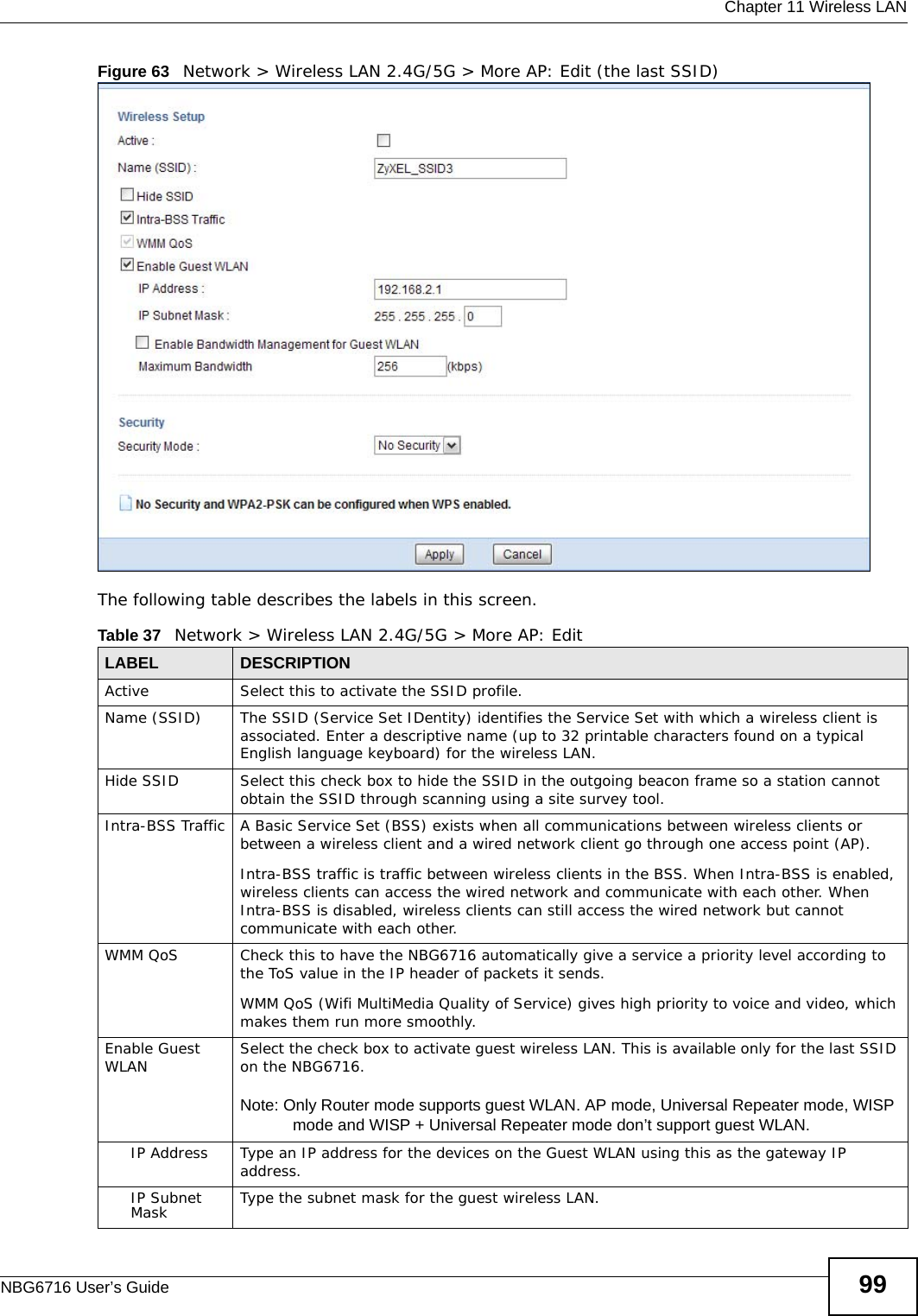  Chapter 11 Wireless LANNBG6716 User’s Guide 99Figure 63   Network &gt; Wireless LAN 2.4G/5G &gt; More AP: Edit (the last SSID) The following table describes the labels in this screen.Table 37   Network &gt; Wireless LAN 2.4G/5G &gt; More AP: EditLABEL DESCRIPTIONActive Select this to activate the SSID profile.Name (SSID)  The SSID (Service Set IDentity) identifies the Service Set with which a wireless client is associated. Enter a descriptive name (up to 32 printable characters found on a typical English language keyboard) for the wireless LAN. Hide SSID Select this check box to hide the SSID in the outgoing beacon frame so a station cannot obtain the SSID through scanning using a site survey tool.Intra-BSS Traffic A Basic Service Set (BSS) exists when all communications between wireless clients or between a wireless client and a wired network client go through one access point (AP). Intra-BSS traffic is traffic between wireless clients in the BSS. When Intra-BSS is enabled, wireless clients can access the wired network and communicate with each other. When Intra-BSS is disabled, wireless clients can still access the wired network but cannot communicate with each other.WMM QoS Check this to have the NBG6716 automatically give a service a priority level according to the ToS value in the IP header of packets it sends. WMM QoS (Wifi MultiMedia Quality of Service) gives high priority to voice and video, which makes them run more smoothly.Enable Guest WLAN Select the check box to activate guest wireless LAN. This is available only for the last SSID on the NBG6716.Note: Only Router mode supports guest WLAN. AP mode, Universal Repeater mode, WISP mode and WISP + Universal Repeater mode don’t support guest WLAN.IP Address Type an IP address for the devices on the Guest WLAN using this as the gateway IP address.IP Subnet Mask  Type the subnet mask for the guest wireless LAN.