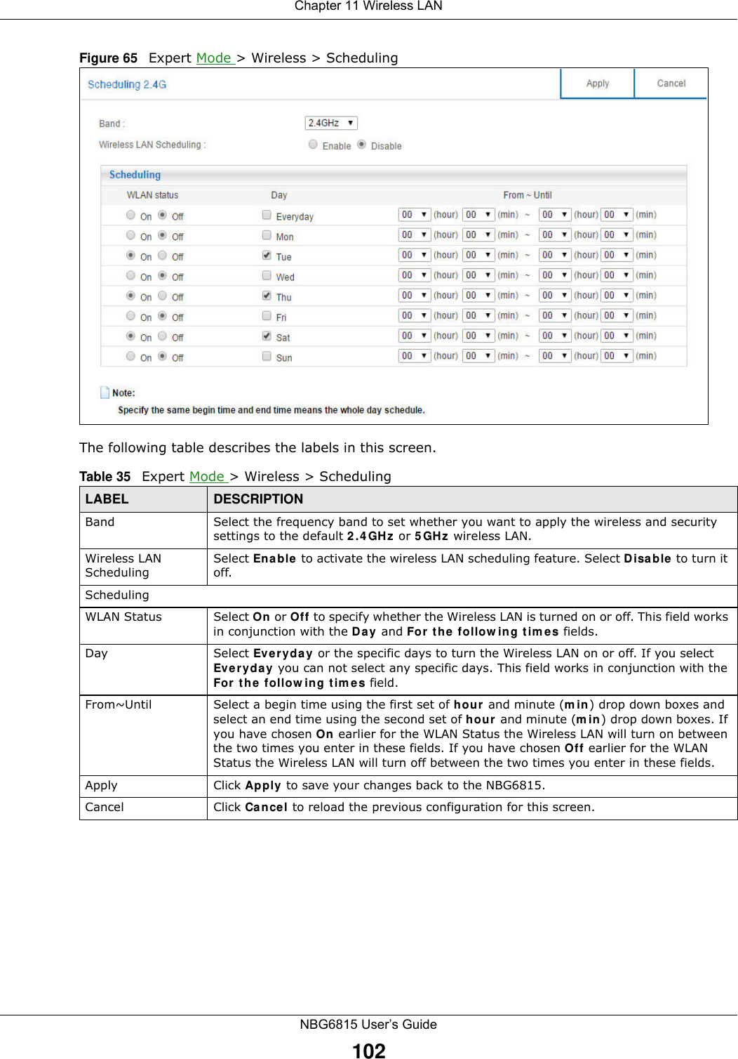 Chapter 11 Wireless LANNBG6815 User’s Guide102Figure 65   Expert Mode &gt; Wireless &gt; SchedulingThe following table describes the labels in this screen.Table 35   Expert Mode &gt; Wireless &gt; SchedulingLABEL DESCRIPTIONBand Select the frequency band to set whether you want to apply the wireless and security settings to the default 2.4GHz or 5GHz wireless LAN. Wireless LAN SchedulingSelect Enable to activate the wireless LAN scheduling feature. Select Disable to turn it off.SchedulingWLAN Status Select On or Off to specify whether the Wireless LAN is turned on or off. This field works in conjunction with the Day and For the following times fields.Day Select Everyday or the specific days to turn the Wireless LAN on or off. If you select Everyday you can not select any specific days. This field works in conjunction with the For the following times field.From~Until Select a begin time using the first set of hour and minute (min) drop down boxes and select an end time using the second set of hour and minute (min) drop down boxes. If you have chosen On earlier for the WLAN Status the Wireless LAN will turn on between the two times you enter in these fields. If you have chosen Off earlier for the WLAN Status the Wireless LAN will turn off between the two times you enter in these fields. Apply Click Apply to save your changes back to the NBG6815.Cancel Click Cancel to reload the previous configuration for this screen.