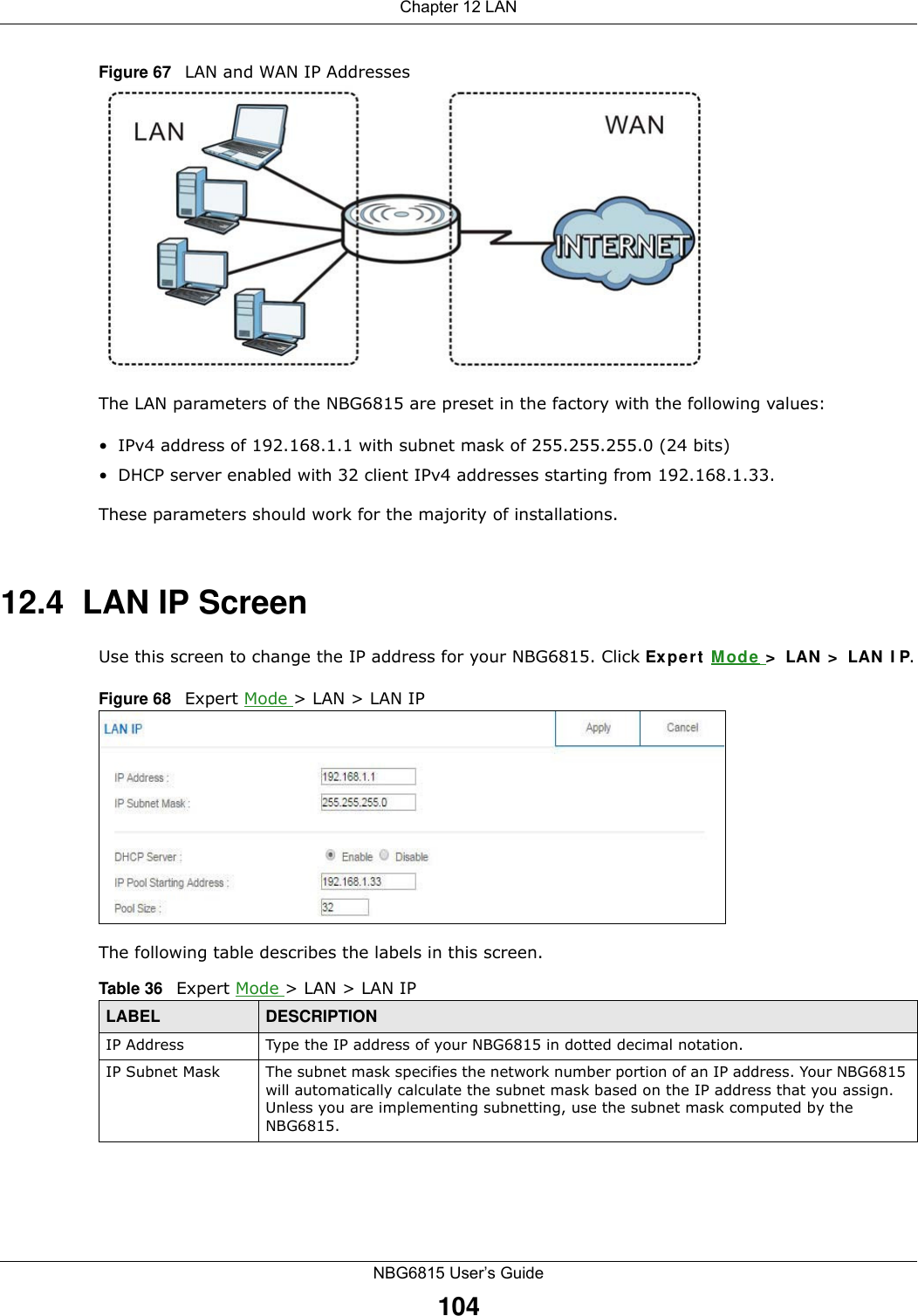 Chapter 12 LANNBG6815 User’s Guide104Figure 67   LAN and WAN IP AddressesThe LAN parameters of the NBG6815 are preset in the factory with the following values:• IPv4 address of 192.168.1.1 with subnet mask of 255.255.255.0 (24 bits)• DHCP server enabled with 32 client IPv4 addresses starting from 192.168.1.33. These parameters should work for the majority of installations.12.4  LAN IP ScreenUse this screen to change the IP address for your NBG6815. Click Expert Mode &gt; LAN &gt; LAN IP.Figure 68   Expert Mode &gt; LAN &gt; LAN IP The following table describes the labels in this screen.Table 36   Expert Mode &gt; LAN &gt; LAN IPLABEL DESCRIPTIONIP Address Type the IP address of your NBG6815 in dotted decimal notation.IP Subnet Mask The subnet mask specifies the network number portion of an IP address. Your NBG6815 will automatically calculate the subnet mask based on the IP address that you assign. Unless you are implementing subnetting, use the subnet mask computed by the NBG6815.