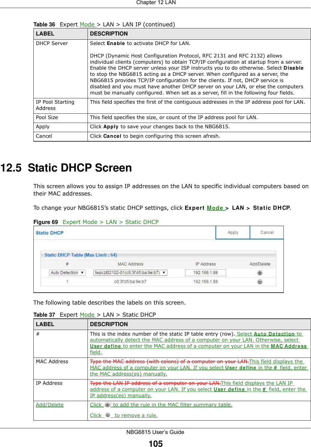  Chapter 12 LANNBG6815 User’s Guide10512.5  Static DHCP ScreenThis screen allows you to assign IP addresses on the LAN to specific individual computers based on their MAC addresses. To change your NBG6815’s static DHCP settings, click Expert Mode &gt; LAN &gt; Static DHCP.Figure 69   Expert Mode &gt; LAN &gt; Static DHCP The following table describes the labels on this screen.DHCP Server Select Enable to activate DHCP for LAN.DHCP (Dynamic Host Configuration Protocol, RFC 2131 and RFC 2132) allows individual clients (computers) to obtain TCP/IP configuration at startup from a server. Enable the DHCP server unless your ISP instructs you to do otherwise. Select Disable to stop the NBG6815 acting as a DHCP server. When configured as a server, the NBG6815 provides TCP/IP configuration for the clients. If not, DHCP service is disabled and you must have another DHCP server on your LAN, or else the computers must be manually configured. When set as a server, fill in the following four fields.IP Pool Starting AddressThis field specifies the first of the contiguous addresses in the IP address pool for LAN.Pool Size This field specifies the size, or count of the IP address pool for LAN.Apply Click Apply to save your changes back to the NBG6815.Cancel Click Cancel to begin configuring this screen afresh.Table 36   Expert Mode &gt; LAN &gt; LAN IP (continued)LABEL DESCRIPTIONTable 37   Expert Mode &gt; LAN &gt; Static DHCP LABEL DESCRIPTION#This is the index number of the static IP table entry (row). Select Auto Detection to automatically detect the MAC address of a computer on your LAN. Otherwise, select User define to enter the MAC address of a computer on your LAN in the MAC Address field.MAC Address Type the MAC address (with colons) of a computer on your LAN.This field displays the MAC address of a computer on your LAN. If you select User define in the # field, enter the MAC address(es) manually.IP Address Type the LAN IP address of a computer on your LAN.This field displays the LAN IP address of a computer on your LAN. If you select User define in the # field, enter the IP address(es) manually.Add/Delete Click   to add the rule in the MAC filter summary table.Click   to remove a rule.