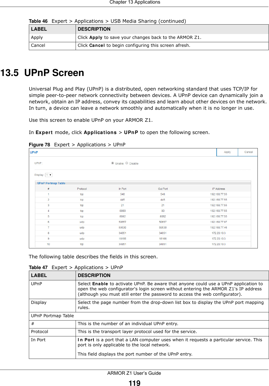  Chapter 13 ApplicationsARMOR Z1 User’s Guide11913.5  UPnP ScreenUniversal Plug and Play (UPnP) is a distributed, open networking standard that uses TCP/IP for simple peer-to-peer network connectivity between devices. A UPnP device can dynamically join a network, obtain an IP address, convey its capabilities and learn about other devices on the network. In turn, a device can leave a network smoothly and automatically when it is no longer in use.Use this screen to enable UPnP on your ARMOR Z1.In Expert mode, click Applications &gt; UPnP to open the following screen. Figure 78   Expert &gt; Applications &gt; UPnPThe following table describes the fields in this screen.Apply Click Apply to save your changes back to the ARMOR Z1.Cancel Click Cancel to begin configuring this screen afresh.Table 46   Expert &gt; Applications &gt; USB Media Sharing (continued)LABEL DESCRIPTIONTable 47   Expert &gt; Applications &gt; UPnPLABEL DESCRIPTIONUPnP Select Enable to activate UPnP. Be aware that anyone could use a UPnP application to open the web configurator&apos;s login screen without entering the ARMOR Z1&apos;s IP address (although you must still enter the password to access the web configurator).Display Select the page number from the drop-down list box to display the UPnP port mapping rules.UPnP Portmap Table#This is the number of an individual UPnP entry.Protocol This is the transport layer protocol used for the service.In Port In Port is a port that a LAN computer uses when it requests a particular service. This port is only applicable to the local network. This field displays the port number of the UPnP entry.