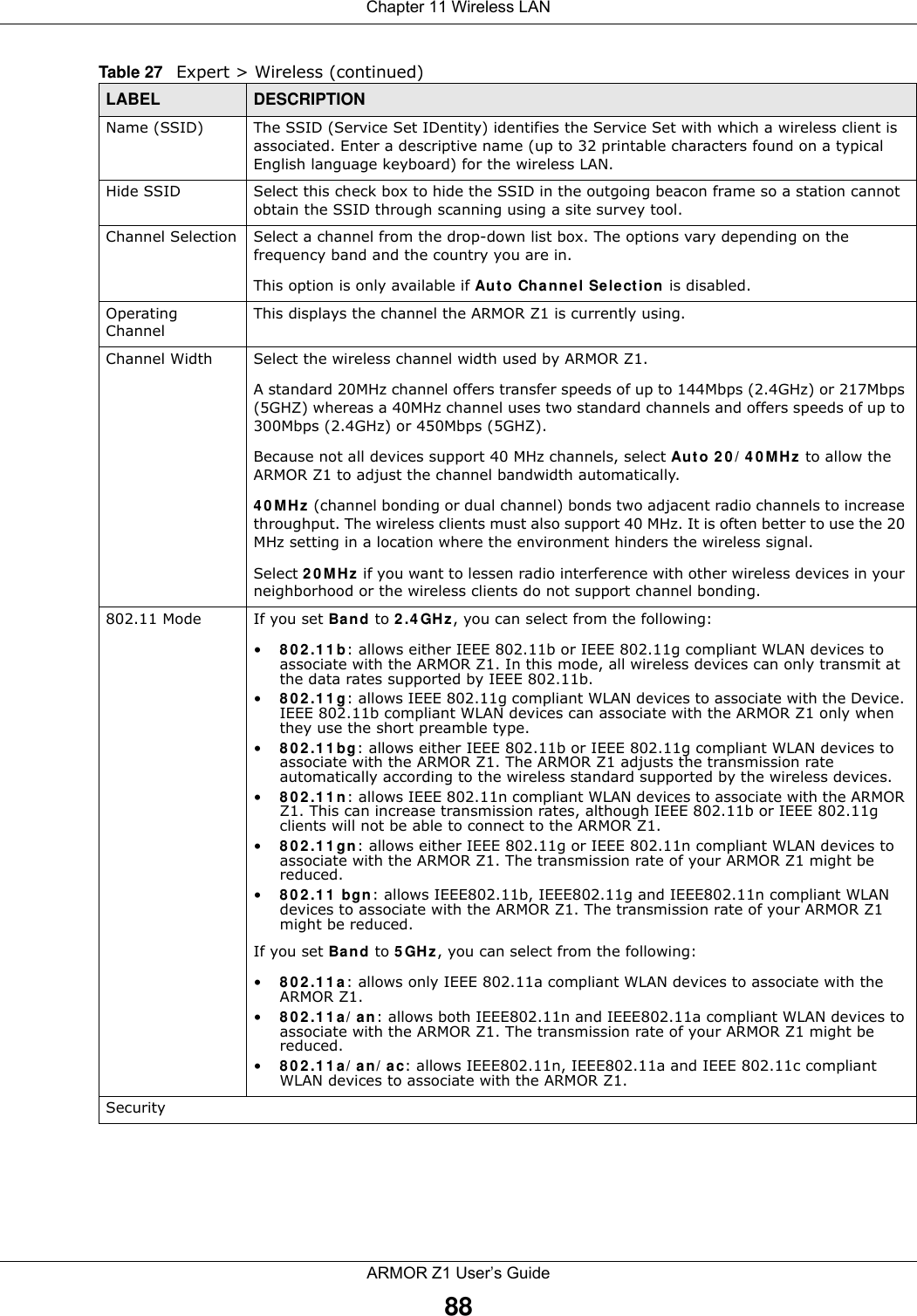 Chapter 11 Wireless LANARMOR Z1 User’s Guide88Name (SSID)  The SSID (Service Set IDentity) identifies the Service Set with which a wireless client is associated. Enter a descriptive name (up to 32 printable characters found on a typical English language keyboard) for the wireless LAN. Hide SSID Select this check box to hide the SSID in the outgoing beacon frame so a station cannot obtain the SSID through scanning using a site survey tool.Channel Selection Select a channel from the drop-down list box. The options vary depending on the frequency band and the country you are in.This option is only available if Auto Channel Selection is disabled.Operating Channel This displays the channel the ARMOR Z1 is currently using.Channel Width Select the wireless channel width used by ARMOR Z1.A standard 20MHz channel offers transfer speeds of up to 144Mbps (2.4GHz) or 217Mbps (5GHZ) whereas a 40MHz channel uses two standard channels and offers speeds of up to 300Mbps (2.4GHz) or 450Mbps (5GHZ). Because not all devices support 40 MHz channels, select Auto 20/40MHz to allow the ARMOR Z1 to adjust the channel bandwidth automatically.40MHz (channel bonding or dual channel) bonds two adjacent radio channels to increase throughput. The wireless clients must also support 40 MHz. It is often better to use the 20 MHz setting in a location where the environment hinders the wireless signal. Select 20MHz if you want to lessen radio interference with other wireless devices in your neighborhood or the wireless clients do not support channel bonding.802.11 Mode If you set Band to 2.4GHz, you can select from the following:•802.11b: allows either IEEE 802.11b or IEEE 802.11g compliant WLAN devices to associate with the ARMOR Z1. In this mode, all wireless devices can only transmit at the data rates supported by IEEE 802.11b.•802.11g: allows IEEE 802.11g compliant WLAN devices to associate with the Device. IEEE 802.11b compliant WLAN devices can associate with the ARMOR Z1 only when they use the short preamble type.•802.11bg: allows either IEEE 802.11b or IEEE 802.11g compliant WLAN devices to associate with the ARMOR Z1. The ARMOR Z1 adjusts the transmission rate automatically according to the wireless standard supported by the wireless devices.•802.11n: allows IEEE 802.11n compliant WLAN devices to associate with the ARMOR Z1. This can increase transmission rates, although IEEE 802.11b or IEEE 802.11g clients will not be able to connect to the ARMOR Z1. •802.11gn: allows either IEEE 802.11g or IEEE 802.11n compliant WLAN devices to associate with the ARMOR Z1. The transmission rate of your ARMOR Z1 might be reduced.•802.11 bgn: allows IEEE802.11b, IEEE802.11g and IEEE802.11n compliant WLAN devices to associate with the ARMOR Z1. The transmission rate of your ARMOR Z1 might be reduced.If you set Band to 5GHz, you can select from the following:•802.11a: allows only IEEE 802.11a compliant WLAN devices to associate with the ARMOR Z1.•802.11a/an: allows both IEEE802.11n and IEEE802.11a compliant WLAN devices to associate with the ARMOR Z1. The transmission rate of your ARMOR Z1 might be reduced.•802.11a/an/ac: allows IEEE802.11n, IEEE802.11a and IEEE 802.11c compliant WLAN devices to associate with the ARMOR Z1.Security Table 27   Expert &gt; Wireless (continued) LABEL DESCRIPTION