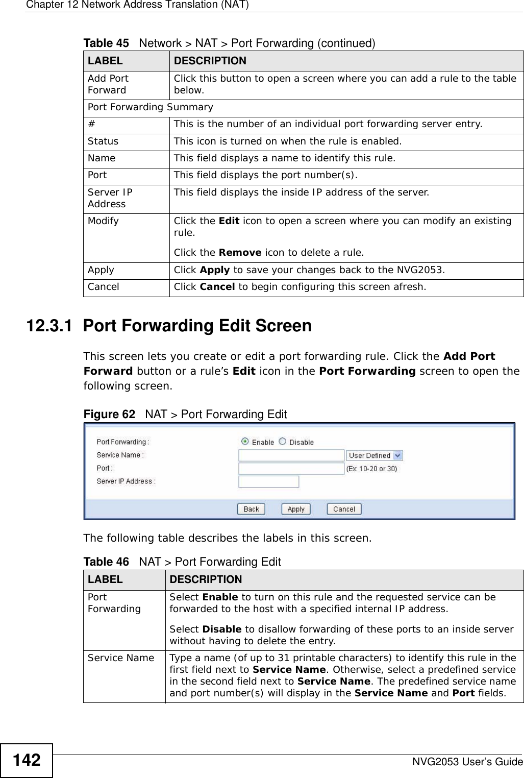 Chapter 12 Network Address Translation (NAT)NVG2053 User’s Guide14212.3.1  Port Forwarding Edit Screen This screen lets you create or edit a port forwarding rule. Click the Add Port Forward button or a rule’s Edit icon in the Port Forwarding screen to open the following screen.Figure 62   NAT &gt; Port Forwarding Edit The following table describes the labels in this screen. Add Port Forward Click this button to open a screen where you can add a rule to the table below.Port Forwarding Summary#This is the number of an individual port forwarding server entry.Status This icon is turned on when the rule is enabled. Name This field displays a name to identify this rule.Port This field displays the port number(s). Server IP Address This field displays the inside IP address of the server.Modify Click the Edit icon to open a screen where you can modify an existing rule. Click the Remove icon to delete a rule.Apply Click Apply to save your changes back to the NVG2053.Cancel Click Cancel to begin configuring this screen afresh.Table 45   Network &gt; NAT &gt; Port Forwarding (continued)LABEL DESCRIPTIONTable 46   NAT &gt; Port Forwarding EditLABEL DESCRIPTIONPort Forwarding Select Enable to turn on this rule and the requested service can be forwarded to the host with a specified internal IP address.Select Disable to disallow forwarding of these ports to an inside server without having to delete the entry. Service Name Type a name (of up to 31 printable characters) to identify this rule in the first field next to Service Name. Otherwise, select a predefined service in the second field next to Service Name. The predefined service name and port number(s) will display in the Service Name and Port fields.