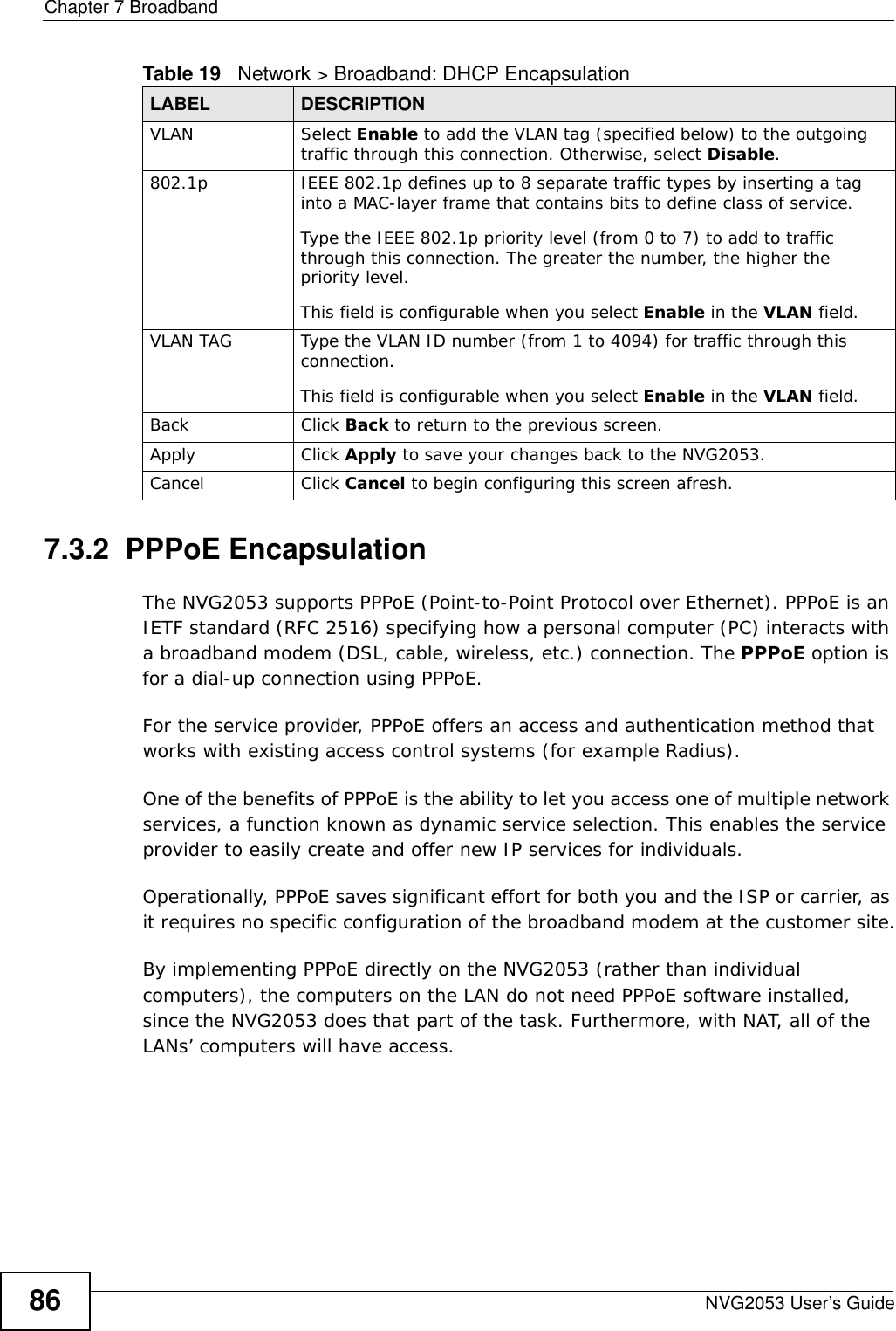 Chapter 7 BroadbandNVG2053 User’s Guide867.3.2  PPPoE EncapsulationThe NVG2053 supports PPPoE (Point-to-Point Protocol over Ethernet). PPPoE is an IETF standard (RFC 2516) specifying how a personal computer (PC) interacts with a broadband modem (DSL, cable, wireless, etc.) connection. The PPPoE option is for a dial-up connection using PPPoE.For the service provider, PPPoE offers an access and authentication method that works with existing access control systems (for example Radius).One of the benefits of PPPoE is the ability to let you access one of multiple network services, a function known as dynamic service selection. This enables the service provider to easily create and offer new IP services for individuals.Operationally, PPPoE saves significant effort for both you and the ISP or carrier, as it requires no specific configuration of the broadband modem at the customer site.By implementing PPPoE directly on the NVG2053 (rather than individual computers), the computers on the LAN do not need PPPoE software installed, since the NVG2053 does that part of the task. Furthermore, with NAT, all of the LANs’ computers will have access.VLAN Select Enable to add the VLAN tag (specified below) to the outgoing traffic through this connection. Otherwise, select Disable.802.1p IEEE 802.1p defines up to 8 separate traffic types by inserting a tag into a MAC-layer frame that contains bits to define class of service. Type the IEEE 802.1p priority level (from 0 to 7) to add to traffic through this connection. The greater the number, the higher the priority level.This field is configurable when you select Enable in the VLAN field.VLAN TAG Type the VLAN ID number (from 1 to 4094) for traffic through this connection.This field is configurable when you select Enable in the VLAN field.Back Click Back to return to the previous screen.Apply Click Apply to save your changes back to the NVG2053.Cancel Click Cancel to begin configuring this screen afresh.Table 19   Network &gt; Broadband: DHCP EncapsulationLABEL DESCRIPTION