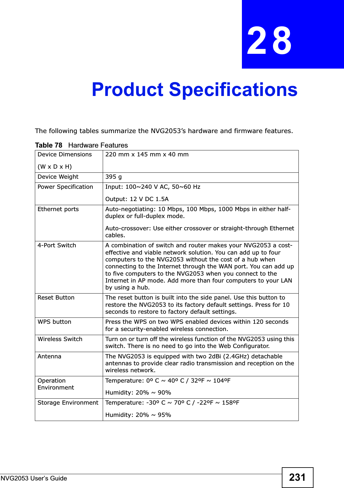 NVG2053 User’s Guide 231CHAPTER 28Product SpecificationsThe following tables summarize the NVG2053’s hardware and firmware features.Table 78   Hardware FeaturesDevice Dimensions (W x D x H) 220 mm x 145 mm x 40 mmDevice Weight 395 gPower Specification Input: 100~240 V AC, 50~60 HzOutput: 12 V DC 1.5AEthernet ports Auto-negotiating: 10 Mbps, 100 Mbps, 1000 Mbps in either half-duplex or full-duplex mode.Auto-crossover: Use either crossover or straight-through Ethernet cables.4-Port Switch A combination of switch and router makes your NVG2053 a cost-effective and viable network solution. You can add up to four computers to the NVG2053 without the cost of a hub when connecting to the Internet through the WAN port. You can add up to five computers to the NVG2053 when you connect to the Internet in AP mode. Add more than four computers to your LAN by using a hub.Reset Button The reset button is built into the side panel. Use this button to restore the NVG2053 to its factory default settings. Press for 10 seconds to restore to factory default settings.WPS button Press the WPS on two WPS enabled devices within 120 seconds for a security-enabled wireless connection.Wireless Switch Turn on or turn off the wireless function of the NVG2053 using this switch. There is no need to go into the Web Configurator. Antenna The NVG2053 is equipped with two 2dBi (2.4GHz) detachable antennas to provide clear radio transmission and reception on the wireless network. Operation EnvironmentTemperature: 0º C ~ 40º C / 32ºF ~ 104ºFHumidity: 20% ~ 90% Storage Environment Temperature: -30º C ~ 70º C / -22ºF ~ 158ºFHumidity: 20% ~ 95% 