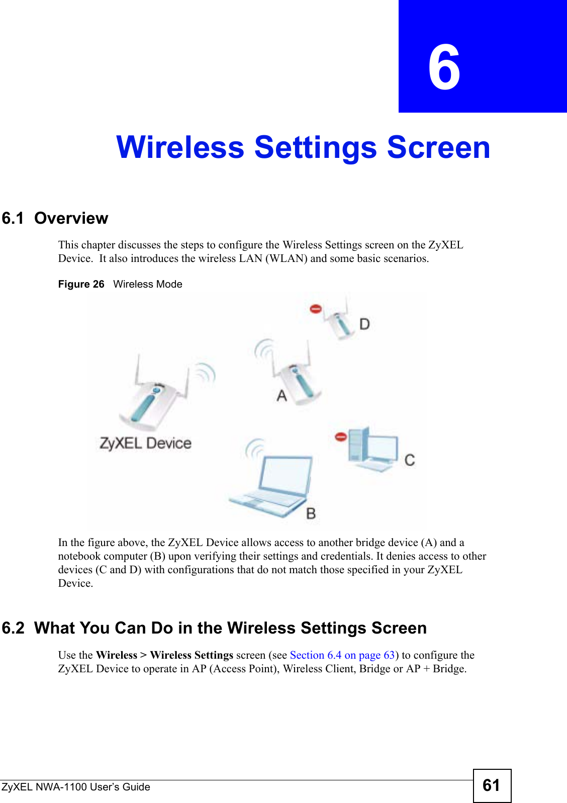 ZyXEL NWA-1100 User’s Guide 61CHAPTER  6 Wireless Settings Screen6.1  OverviewThis chapter discusses the steps to configure the Wireless Settings screen on the ZyXEL Device.  It also introduces the wireless LAN (WLAN) and some basic scenarios.Figure 26   Wireless ModeIn the figure above, the ZyXEL Device allows access to another bridge device (A) and a notebook computer (B) upon verifying their settings and credentials. It denies access to other devices (C and D) with configurations that do not match those specified in your ZyXEL Device.6.2  What You Can Do in the Wireless Settings ScreenUse the Wireless &gt; Wireless Settings screen (see Section 6.4 on page 63) to configure the ZyXEL Device to operate in AP (Access Point), Wireless Client, Bridge or AP + Bridge.