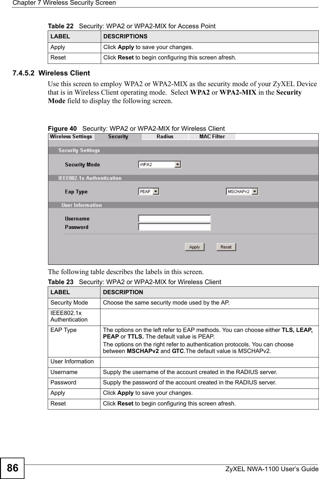 Chapter 7 Wireless Security ScreenZyXEL NWA-1100 User’s Guide867.4.5.2  Wireless ClientUse this screen to employ WPA2 or WPA2-MIX as the security mode of your ZyXEL Device that is in Wireless Client operating mode.  Select WPA2 or WPA2-MIX in the Security Mode field to display the following screen.Figure 40   Security: WPA2 or WPA2-MIX for Wireless ClientThe following table describes the labels in this screen.Apply Click Apply to save your changes.Reset Click Reset to begin configuring this screen afresh.Table 22   Security: WPA2 or WPA2-MIX for Access PointLABEL DESCRIPTIONSTable 23   Security: WPA2 or WPA2-MIX for Wireless ClientLABEL DESCRIPTIONSecurity Mode Choose the same security mode used by the AP.IEEE802.1x AuthenticationEAP Type The options on the left refer to EAP methods. You can choose either TLS, LEAP, PEAP or TTLS. The default value is PEAP.The options on the right refer to authentication protocols. You can choose between MSCHAPv2 and GTC.The default value is MSCHAPv2.User InformationUsername Supply the username of the account created in the RADIUS server.Password Supply the password of the account created in the RADIUS server.Apply Click Apply to save your changes.Reset Click Reset to begin configuring this screen afresh.