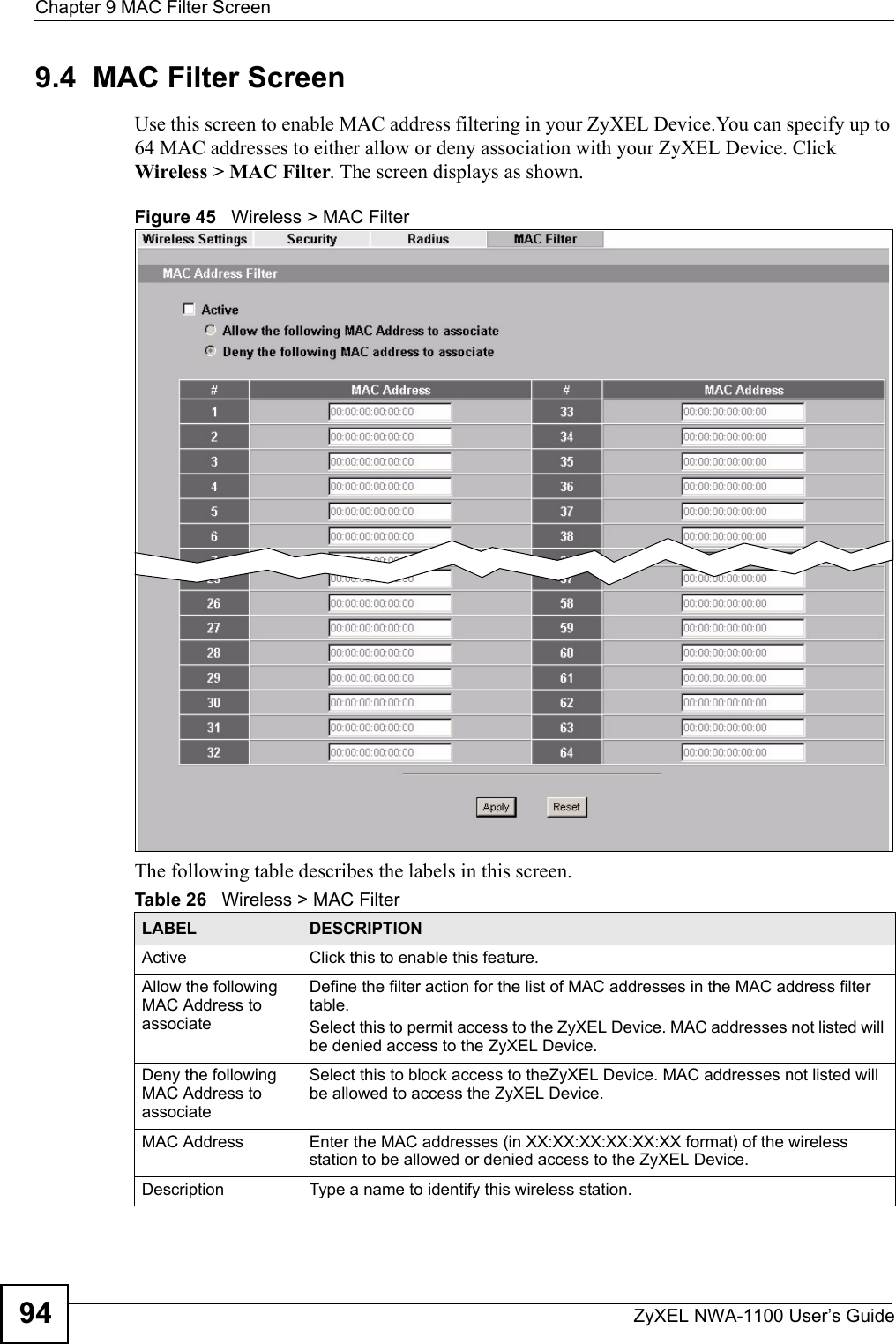 Chapter 9 MAC Filter ScreenZyXEL NWA-1100 User’s Guide949.4  MAC Filter ScreenUse this screen to enable MAC address filtering in your ZyXEL Device.You can specify up to 64 MAC addresses to either allow or deny association with your ZyXEL Device. Click Wireless &gt; MAC Filter. The screen displays as shown.Figure 45   Wireless &gt; MAC FilterThe following table describes the labels in this screen.Table 26   Wireless &gt; MAC FilterLABEL DESCRIPTIONActive Click this to enable this feature.Allow the following MAC Address to associateDefine the filter action for the list of MAC addresses in the MAC address filter table.Select this to permit access to the ZyXEL Device. MAC addresses not listed will be denied access to the ZyXEL Device. Deny the following MAC Address to associateSelect this to block access to theZyXEL Device. MAC addresses not listed will be allowed to access the ZyXEL Device.MAC Address Enter the MAC addresses (in XX:XX:XX:XX:XX:XX format) of the wireless station to be allowed or denied access to the ZyXEL Device.Description Type a name to identify this wireless station.