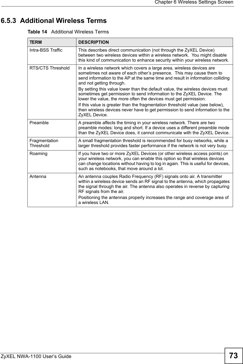  Chapter 6 Wireless Settings ScreenZyXEL NWA-1100 User’s Guide 736.5.3  Additional Wireless TermsTable 14   Additional Wireless TermsTERM DESCRIPTIONIntra-BSS Traffic This describes direct communication (not through the ZyXEL Device) between two wireless devices within a wireless network.  You might disable this kind of communication to enhance security within your wireless network.RTS/CTS Threshold In a wireless network which covers a large area, wireless devices are sometimes not aware of each other’s presence.  This may cause them to send information to the AP at the same time and result in information colliding and not getting through.By setting this value lower than the default value, the wireless devices must sometimes get permission to send information to the ZyXEL Device. The lower the value, the more often the devices must get permission.If this value is greater than the fragmentation threshold value (see below), then wireless devices never have to get permission to send information to the ZyXEL Device.Preamble A preamble affects the timing in your wireless network. There are two preamble modes: long and short. If a device uses a different preamble mode than the ZyXEL Device does, it cannot communicate with the ZyXEL Device.Fragmentation ThresholdA small fragmentation threshold is recommended for busy networks, while a larger threshold provides faster performance if the network is not very busy.Roaming If you have two or more ZyXEL Devices (or other wireless access points) on your wireless network, you can enable this option so that wireless devices can change locations without having to log in again. This is useful for devices, such as notebooks, that move around a lot.Antenna An antenna couples Radio Frequency (RF) signals onto air. A transmitter within a wireless device sends an RF signal to the antenna, which propagates the signal through the air. The antenna also operates in reverse by capturing RF signals from the air. Positioning the antennas properly increases the range and coverage area of a wireless LAN. 