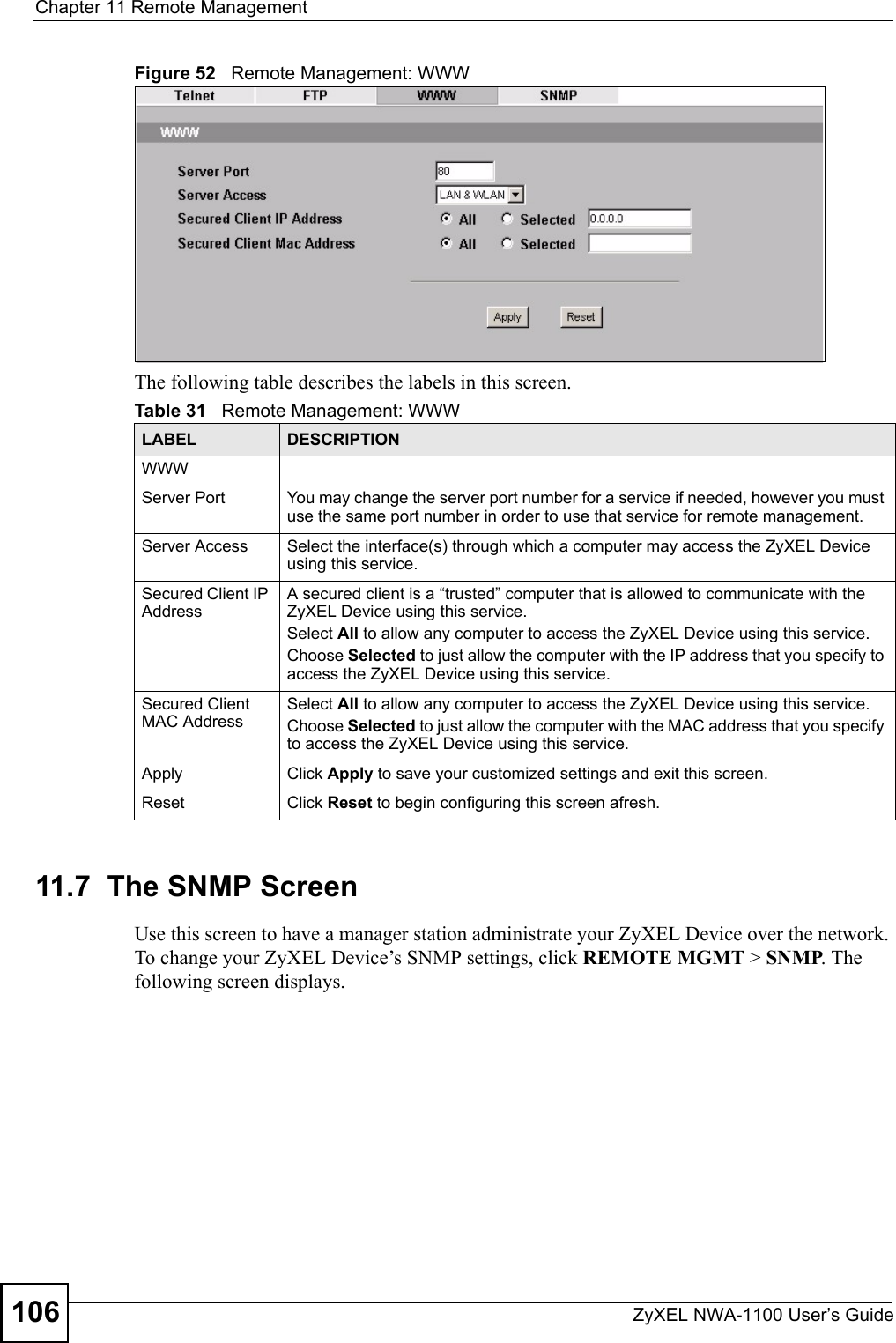 Chapter 11 Remote ManagementZyXEL NWA-1100 User’s Guide106Figure 52   Remote Management: WWWThe following table describes the labels in this screen.11.7  The SNMP ScreenUse this screen to have a manager station administrate your ZyXEL Device over the network. To change your ZyXEL Device’s SNMP settings, click REMOTE MGMT &gt; SNMP. The following screen displays.Table 31   Remote Management: WWWLABEL DESCRIPTIONWWWServer Port You may change the server port number for a service if needed, however you must use the same port number in order to use that service for remote management.Server Access Select the interface(s) through which a computer may access the ZyXEL Device using this service.Secured Client IP AddressA secured client is a “trusted” computer that is allowed to communicate with the ZyXEL Device using this service. Select All to allow any computer to access the ZyXEL Device using this service.Choose Selected to just allow the computer with the IP address that you specify to access the ZyXEL Device using this service.Secured Client MAC AddressSelect All to allow any computer to access the ZyXEL Device using this service.Choose Selected to just allow the computer with the MAC address that you specify to access the ZyXEL Device using this service.Apply Click Apply to save your customized settings and exit this screen. Reset Click Reset to begin configuring this screen afresh.