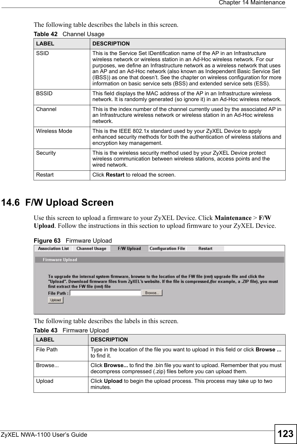  Chapter 14 MaintenanceZyXEL NWA-1100 User’s Guide 123The following table describes the labels in this screen.14.6  F/W Upload ScreenUse this screen to upload a firmware to your ZyXEL Device. Click Maintenance &gt; F/W Upload. Follow the instructions in this section to upload firmware to your ZyXEL Device. Figure 63   Firmware UploadThe following table describes the labels in this screen.Table 42   Channel UsageLABEL DESCRIPTIONSSID This is the Service Set IDentification name of the AP in an Infrastructure wireless network or wireless station in an Ad-Hoc wireless network. For our purposes, we define an Infrastructure network as a wireless network that uses an AP and an Ad-Hoc network (also known as Independent Basic Service Set (IBSS)) as one that doesn’t. See the chapter on wireless configuration for more information on basic service sets (BSS) and extended service sets (ESS).BSSID This field displays the MAC address of the AP in an Infrastructure wireless network. It is randomly generated (so ignore it) in an Ad-Hoc wireless network.Channel  This is the index number of the channel currently used by the associated AP in an Infrastructure wireless network or wireless station in an Ad-Hoc wireless network.Wireless Mode This is the IEEE 802.1x standard used by your ZyXEL Device to apply enhanced security methods for both the authentication of wireless stations and encryption key management.Security This is the wireless security method used by your ZyXEL Device protect wireless communication between wireless stations, access points and the wired network.Restart Click Restart to reload the screen. Table 43   Firmware UploadLABEL DESCRIPTIONFile Path  Type in the location of the file you want to upload in this field or click Browse ... to find it.Browse...  Click Browse... to find the .bin file you want to upload. Remember that you must decompress compressed (.zip) files before you can upload them. Upload  Click Upload to begin the upload process. This process may take up to two minutes.