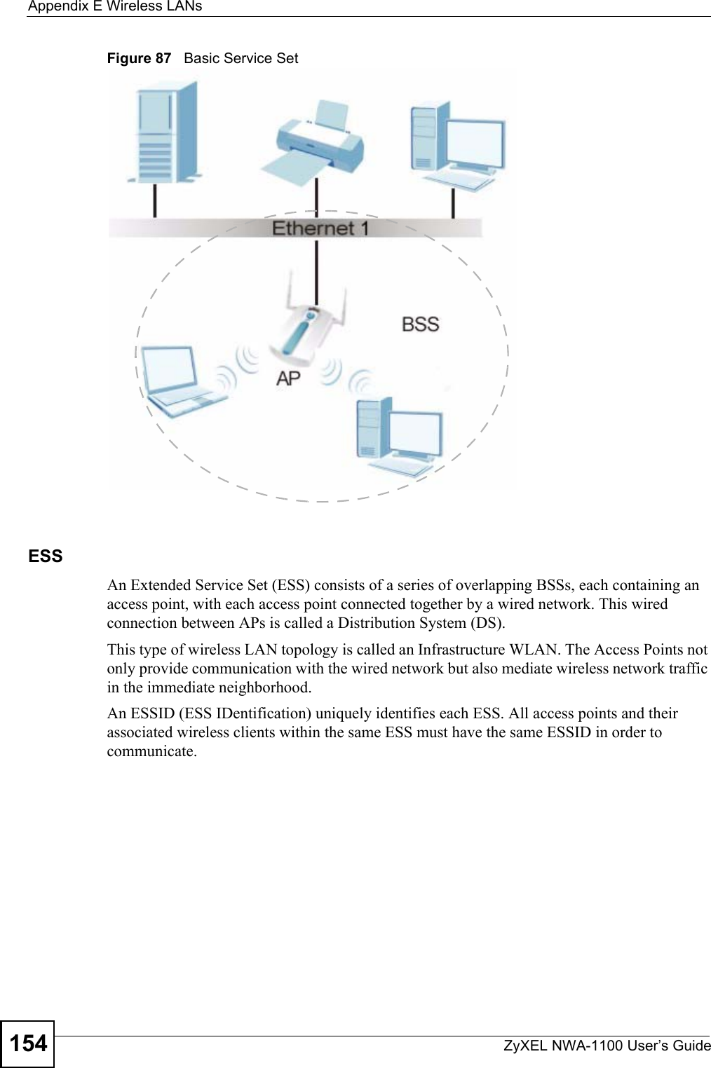 Appendix E Wireless LANsZyXEL NWA-1100 User’s Guide154Figure 87   Basic Service SetESSAn Extended Service Set (ESS) consists of a series of overlapping BSSs, each containing an access point, with each access point connected together by a wired network. This wired connection between APs is called a Distribution System (DS).This type of wireless LAN topology is called an Infrastructure WLAN. The Access Points not only provide communication with the wired network but also mediate wireless network traffic in the immediate neighborhood. An ESSID (ESS IDentification) uniquely identifies each ESS. All access points and their associated wireless clients within the same ESS must have the same ESSID in order to communicate.