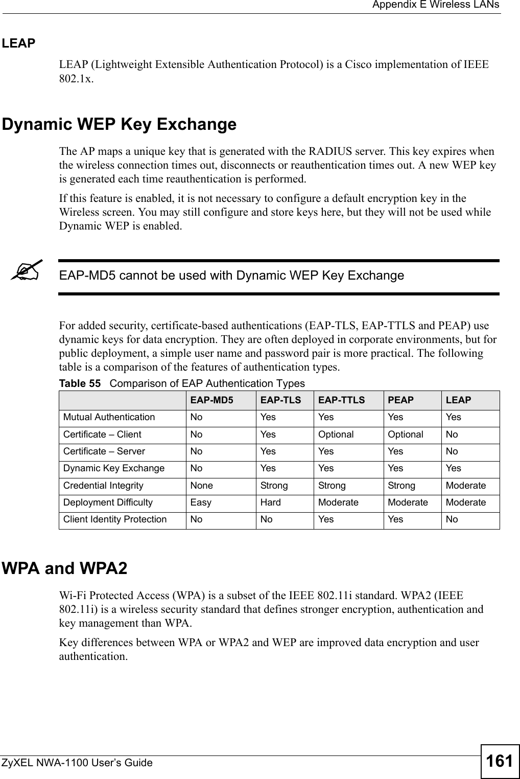  Appendix E Wireless LANsZyXEL NWA-1100 User’s Guide 161LEAPLEAP (Lightweight Extensible Authentication Protocol) is a Cisco implementation of IEEE 802.1x. Dynamic WEP Key ExchangeThe AP maps a unique key that is generated with the RADIUS server. This key expires when the wireless connection times out, disconnects or reauthentication times out. A new WEP key is generated each time reauthentication is performed.If this feature is enabled, it is not necessary to configure a default encryption key in the Wireless screen. You may still configure and store keys here, but they will not be used while Dynamic WEP is enabled.&quot;EAP-MD5 cannot be used with Dynamic WEP Key ExchangeFor added security, certificate-based authentications (EAP-TLS, EAP-TTLS and PEAP) use dynamic keys for data encryption. They are often deployed in corporate environments, but for public deployment, a simple user name and password pair is more practical. The following table is a comparison of the features of authentication types.WPA and WPA2Wi-Fi Protected Access (WPA) is a subset of the IEEE 802.11i standard. WPA2 (IEEE 802.11i) is a wireless security standard that defines stronger encryption, authentication and key management than WPA. Key differences between WPA or WPA2 and WEP are improved data encryption and user authentication.Table 55   Comparison of EAP Authentication TypesEAP-MD5 EAP-TLS EAP-TTLS PEAP LEAPMutual Authentication No Yes Yes Yes YesCertificate – Client No Yes Optional Optional NoCertificate – Server No Yes Yes Yes NoDynamic Key Exchange No Yes Yes Yes YesCredential Integrity None Strong Strong Strong ModerateDeployment Difficulty Easy Hard Moderate Moderate ModerateClient Identity Protection No No Yes Yes No