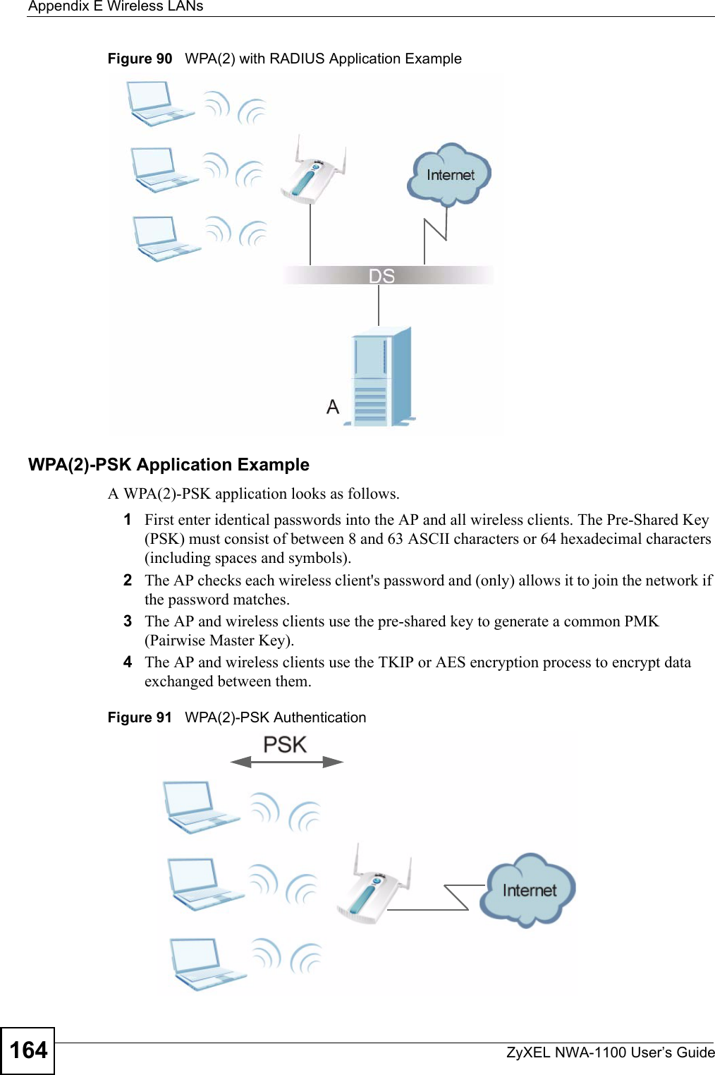 Appendix E Wireless LANsZyXEL NWA-1100 User’s Guide164Figure 90   WPA(2) with RADIUS Application ExampleWPA(2)-PSK Application ExampleA WPA(2)-PSK application looks as follows.1First enter identical passwords into the AP and all wireless clients. The Pre-Shared Key (PSK) must consist of between 8 and 63 ASCII characters or 64 hexadecimal characters (including spaces and symbols).2The AP checks each wireless client&apos;s password and (only) allows it to join the network if the password matches.3The AP and wireless clients use the pre-shared key to generate a common PMK (Pairwise Master Key).4The AP and wireless clients use the TKIP or AES encryption process to encrypt data exchanged between them.Figure 91   WPA(2)-PSK Authentication