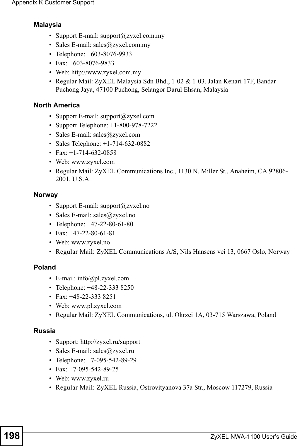 Appendix K Customer SupportZyXEL NWA-1100 User’s Guide198Malaysia• Support E-mail: support@zyxel.com.my• Sales E-mail: sales@zyxel.com.my• Telephone: +603-8076-9933• Fax: +603-8076-9833• Web: http://www.zyxel.com.my• Regular Mail: ZyXEL Malaysia Sdn Bhd., 1-02 &amp; 1-03, Jalan Kenari 17F, Bandar Puchong Jaya, 47100 Puchong, Selangor Darul Ehsan, MalaysiaNorth America• Support E-mail: support@zyxel.com• Support Telephone: +1-800-978-7222• Sales E-mail: sales@zyxel.com• Sales Telephone: +1-714-632-0882• Fax: +1-714-632-0858• Web: www.zyxel.com• Regular Mail: ZyXEL Communications Inc., 1130 N. Miller St., Anaheim, CA 92806-2001, U.S.A.Norway• Support E-mail: support@zyxel.no • Sales E-mail: sales@zyxel.no• Telephone: +47-22-80-61-80• Fax: +47-22-80-61-81• Web: www.zyxel.no• Regular Mail: ZyXEL Communications A/S, Nils Hansens vei 13, 0667 Oslo, NorwayPoland• E-mail: info@pl.zyxel.com• Telephone: +48-22-333 8250• Fax: +48-22-333 8251• Web: www.pl.zyxel.com• Regular Mail: ZyXEL Communications, ul. Okrzei 1A, 03-715 Warszawa, PolandRussia• Support: http://zyxel.ru/support• Sales E-mail: sales@zyxel.ru• Telephone: +7-095-542-89-29• Fax: +7-095-542-89-25• Web: www.zyxel.ru• Regular Mail: ZyXEL Russia, Ostrovityanova 37a Str., Moscow 117279, Russia