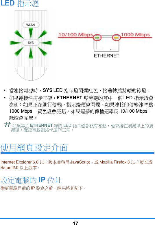 17LED•SYS LED •ETHERNET LED 1000 Mbps10/100 Mbps#ETHERNET  LED Internet Explorer 6.0  JavaScript Mozilla Firefox 3 Safari 2.0 IPIP