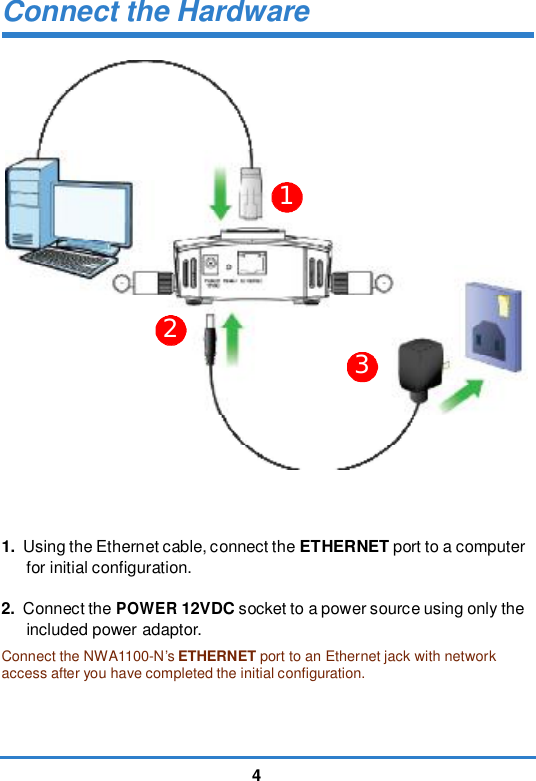 4Connect the Hardware1231. Using the Ethernet cable, connect the ETHERNET port to a computer for initial configuration. 2. Connect the POWER 12VDC socket to a power source using only the included power adaptor. Connect the NWA1100-N’s ETHERNET port to an Ethernet jack with network access after you have completed the initial configuration.