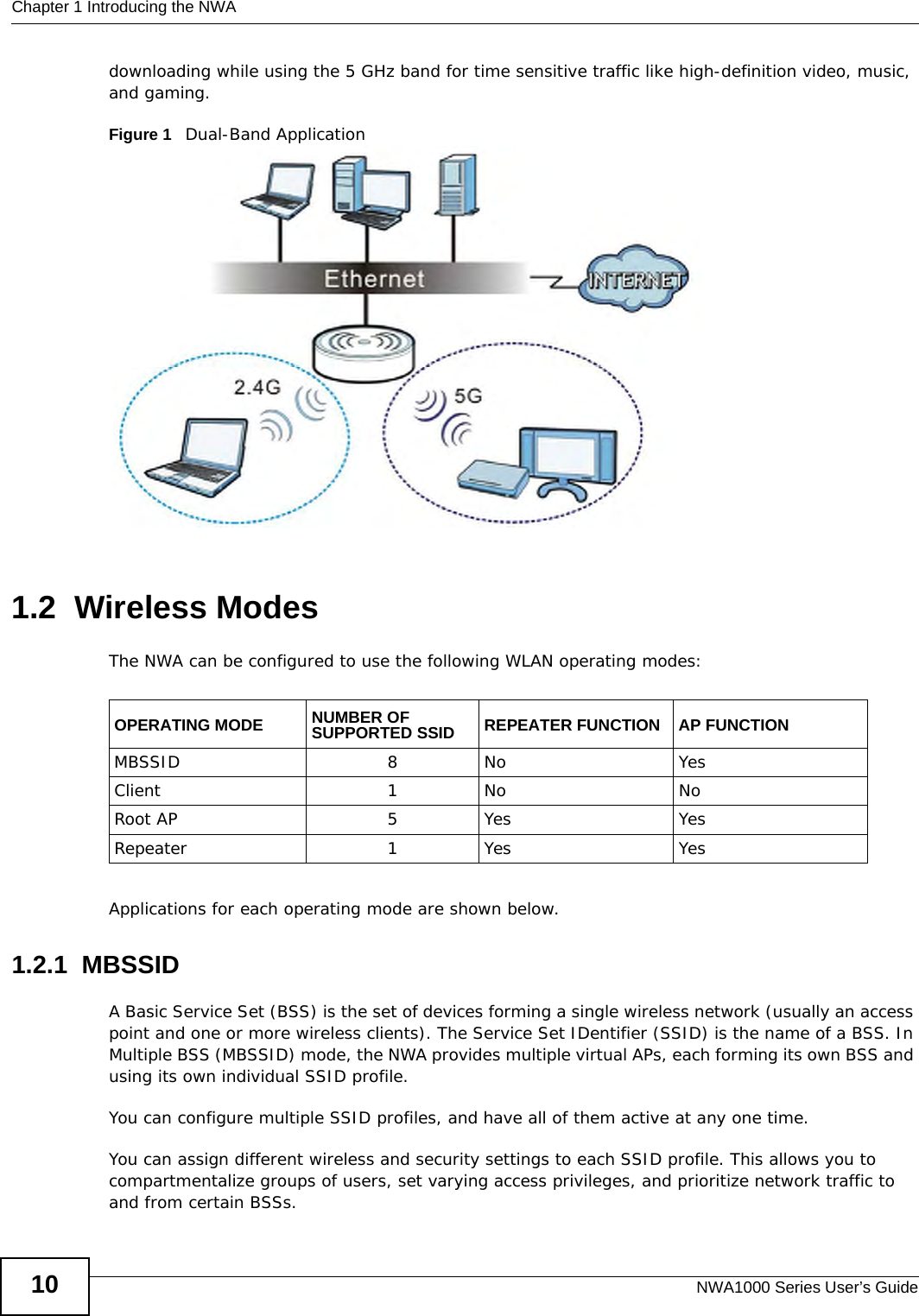 Chapter 1 Introducing the NWANWA1000 Series User’s Guide10downloading while using the 5 GHz band for time sensitive traffic like high-definition video, music, and gaming. Figure 1   Dual-Band Application 1.2  Wireless ModesThe NWA can be configured to use the following WLAN operating modes:Applications for each operating mode are shown below.1.2.1  MBSSIDA Basic Service Set (BSS) is the set of devices forming a single wireless network (usually an access point and one or more wireless clients). The Service Set IDentifier (SSID) is the name of a BSS. In Multiple BSS (MBSSID) mode, the NWA provides multiple virtual APs, each forming its own BSS and using its own individual SSID profile.You can configure multiple SSID profiles, and have all of them active at any one time.You can assign different wireless and security settings to each SSID profile. This allows you to compartmentalize groups of users, set varying access privileges, and prioritize network traffic to and from certain BSSs.OPERATING MODE NUMBER OF SUPPORTED SSID REPEATER FUNCTION AP FUNCTIONMBSSID 8 No YesClient 1 No NoRoot AP 5 Yes YesRepeater 1 Yes Yes