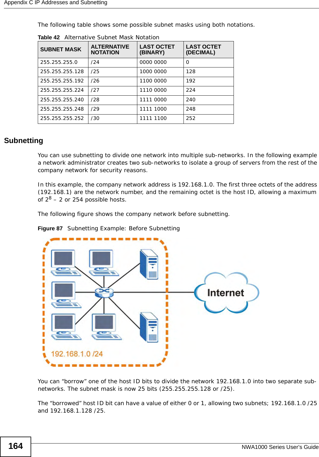 Appendix C IP Addresses and SubnettingNWA1000 Series User’s Guide164The following table shows some possible subnet masks using both notations. SubnettingYou can use subnetting to divide one network into multiple sub-networks. In the following example a network administrator creates two sub-networks to isolate a group of servers from the rest of the company network for security reasons.In this example, the company network address is 192.168.1.0. The first three octets of the address (192.168.1) are the network number, and the remaining octet is the host ID, allowing a maximum of 28 – 2 or 254 possible hosts.The following figure shows the company network before subnetting. Figure 87   Subnetting Example: Before SubnettingYou can “borrow” one of the host ID bits to divide the network 192.168.1.0 into two separate sub-networks. The subnet mask is now 25 bits (255.255.255.128 or /25).The “borrowed” host ID bit can have a value of either 0 or 1, allowing two subnets; 192.168.1.0 /25 and 192.168.1.128 /25. Table 42   Alternative Subnet Mask NotationSUBNET MASK ALTERNATIVE NOTATION LAST OCTET (BINARY) LAST OCTET (DECIMAL)255.255.255.0 /24 0000 0000 0255.255.255.128 /25 1000 0000 128255.255.255.192 /26 1100 0000 192255.255.255.224 /27 1110 0000 224255.255.255.240 /28 1111 0000 240255.255.255.248 /29 1111 1000 248255.255.255.252 /30 1111 1100 252