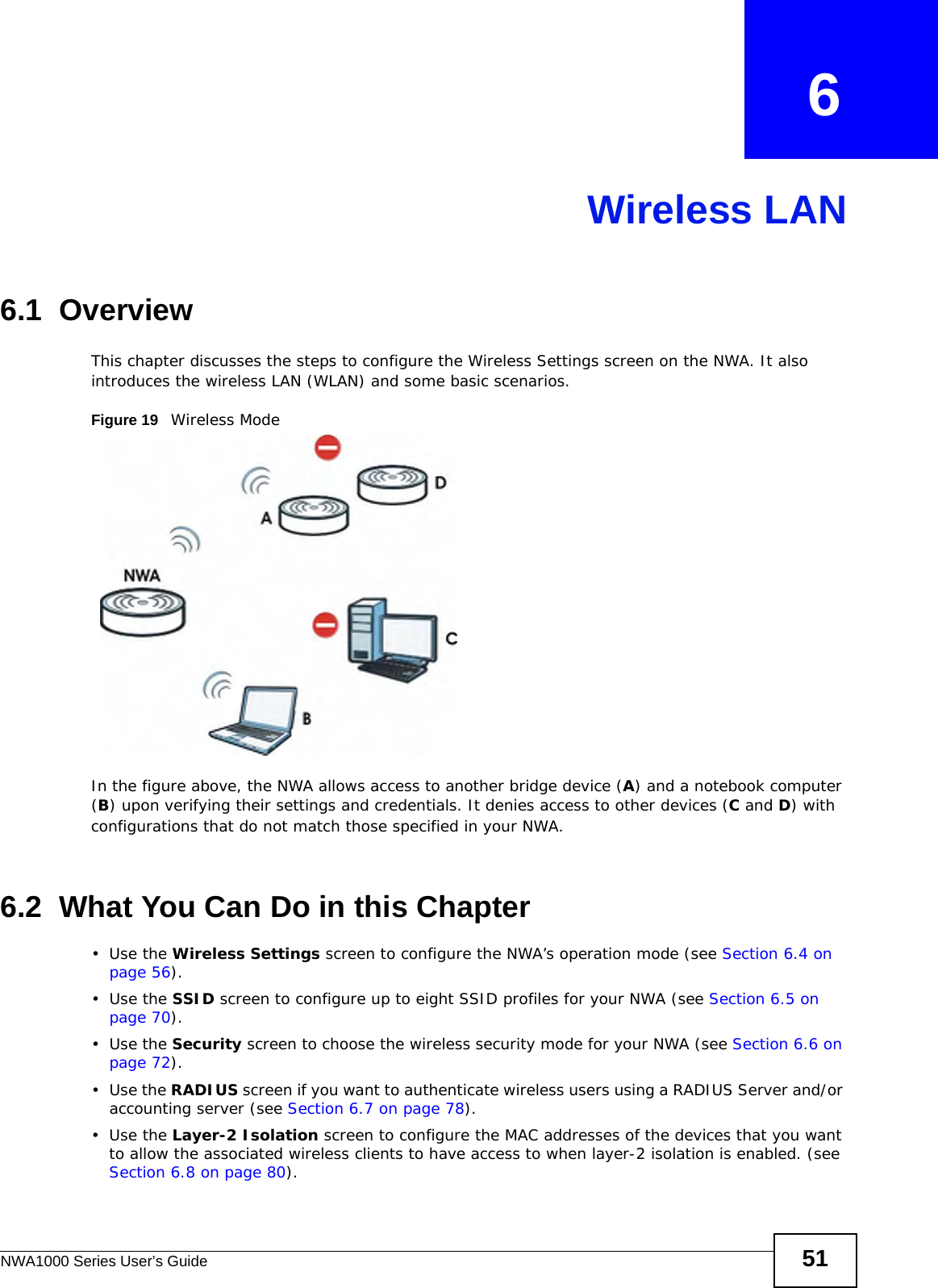 NWA1000 Series User’s Guide 51CHAPTER   6Wireless LAN6.1  OverviewThis chapter discusses the steps to configure the Wireless Settings screen on the NWA. It also introduces the wireless LAN (WLAN) and some basic scenarios.Figure 19   Wireless ModeIn the figure above, the NWA allows access to another bridge device (A) and a notebook computer (B) upon verifying their settings and credentials. It denies access to other devices (C and D) with configurations that do not match those specified in your NWA.6.2  What You Can Do in this Chapter•Use the Wireless Settings screen to configure the NWA’s operation mode (see Section 6.4 on page 56).•Use the SSID screen to configure up to eight SSID profiles for your NWA (see Section 6.5 on page 70).•Use the Security screen to choose the wireless security mode for your NWA (see Section 6.6 on page 72).•Use the RADIUS screen if you want to authenticate wireless users using a RADIUS Server and/or accounting server (see Section 6.7 on page 78).•Use the Layer-2 Isolation screen to configure the MAC addresses of the devices that you want to allow the associated wireless clients to have access to when layer-2 isolation is enabled. (see Section 6.8 on page 80).