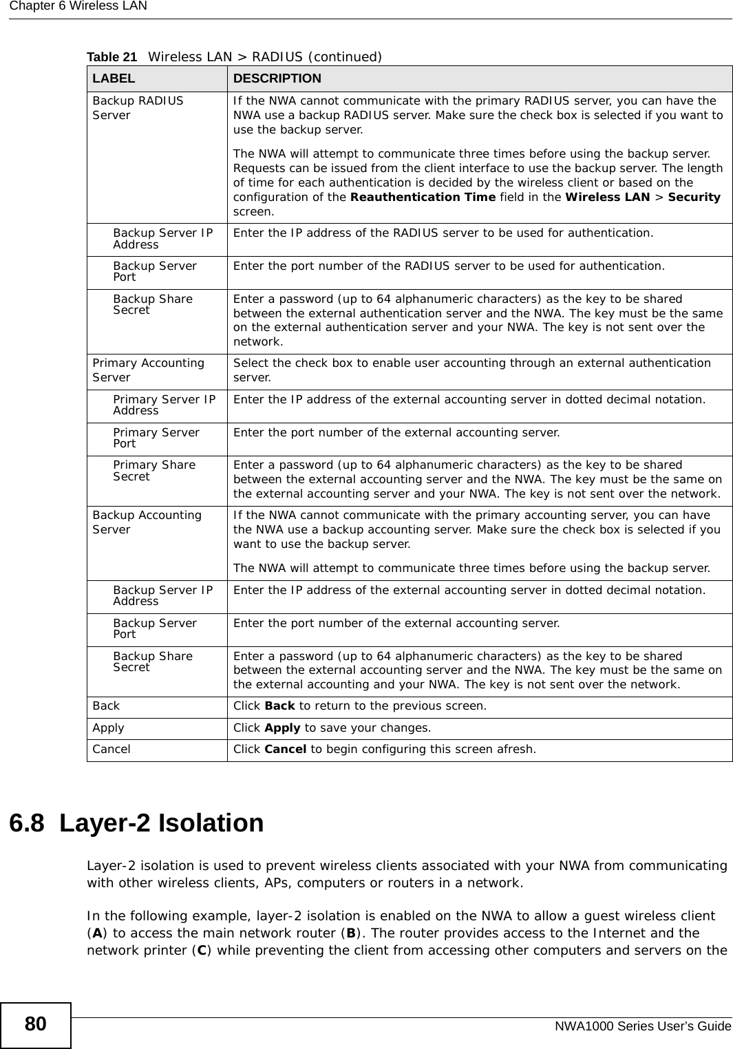 Chapter 6 Wireless LANNWA1000 Series User’s Guide806.8  Layer-2 IsolationLayer-2 isolation is used to prevent wireless clients associated with your NWA from communicating with other wireless clients, APs, computers or routers in a network.In the following example, layer-2 isolation is enabled on the NWA to allow a guest wireless client (A) to access the main network router (B). The router provides access to the Internet and the network printer (C) while preventing the client from accessing other computers and servers on the Backup RADIUS Server  If the NWA cannot communicate with the primary RADIUS server, you can have the NWA use a backup RADIUS server. Make sure the check box is selected if you want to use the backup server.The NWA will attempt to communicate three times before using the backup server. Requests can be issued from the client interface to use the backup server. The length of time for each authentication is decided by the wireless client or based on the configuration of the Reauthentication Time field in the Wireless LAN &gt; Security screen.Backup Server IP Address Enter the IP address of the RADIUS server to be used for authentication.Backup Server Port  Enter the port number of the RADIUS server to be used for authentication. Backup Share Secret Enter a password (up to 64 alphanumeric characters) as the key to be shared between the external authentication server and the NWA. The key must be the same on the external authentication server and your NWA. The key is not sent over the network.Primary Accounting Server Select the check box to enable user accounting through an external authentication server.Primary Server IP Address Enter the IP address of the external accounting server in dotted decimal notation. Primary Server Port  Enter the port number of the external accounting server. Primary Share Secret Enter a password (up to 64 alphanumeric characters) as the key to be shared between the external accounting server and the NWA. The key must be the same on the external accounting server and your NWA. The key is not sent over the network.Backup Accounting Server  If the NWA cannot communicate with the primary accounting server, you can have the NWA use a backup accounting server. Make sure the check box is selected if you want to use the backup server.The NWA will attempt to communicate three times before using the backup server. Backup Server IP Address Enter the IP address of the external accounting server in dotted decimal notation. Backup Server Port  Enter the port number of the external accounting server. Backup Share Secret Enter a password (up to 64 alphanumeric characters) as the key to be shared between the external accounting server and the NWA. The key must be the same on the external accounting and your NWA. The key is not sent over the network.Back Click Back to return to the previous screen.Apply Click Apply to save your changes.Cancel Click Cancel to begin configuring this screen afresh.Table 21   Wireless LAN &gt; RADIUS (continued)LABEL DESCRIPTION