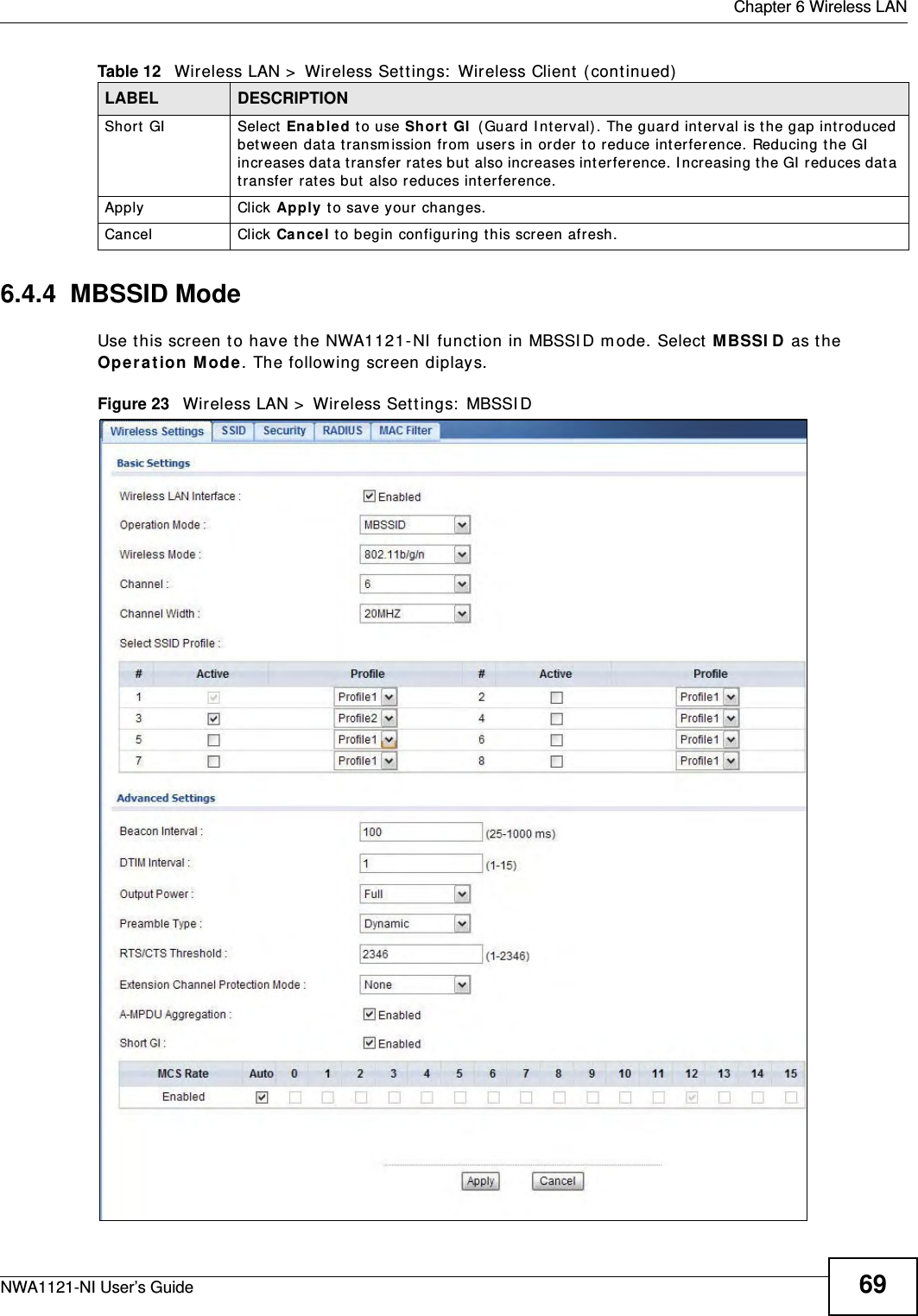  Chapter 6 Wireless LANNWA1121-NI User’s Guide 696.4.4  MBSSID ModeUse this screen to have the NWA1121-NI function in MBSSID mode. Select MBSSID as the Operation Mode. The following screen diplays.Figure 23   Wireless LAN &gt; Wireless Settings: MBSSIDShort GI  Select Enabled to use Short GI (Guard Interval). The guard interval is the gap introduced between data transmission from users in order to reduce interference. Reducing the GI increases data transfer rates but also increases interference. Increasing the GI reduces data transfer rates but also reduces interference.Apply Click Apply to save your changes.Cancel Click Cancel to begin configuring this screen afresh.Table 12   Wireless LAN &gt; Wireless Settings: Wireless Client (continued)LABEL DESCRIPTION