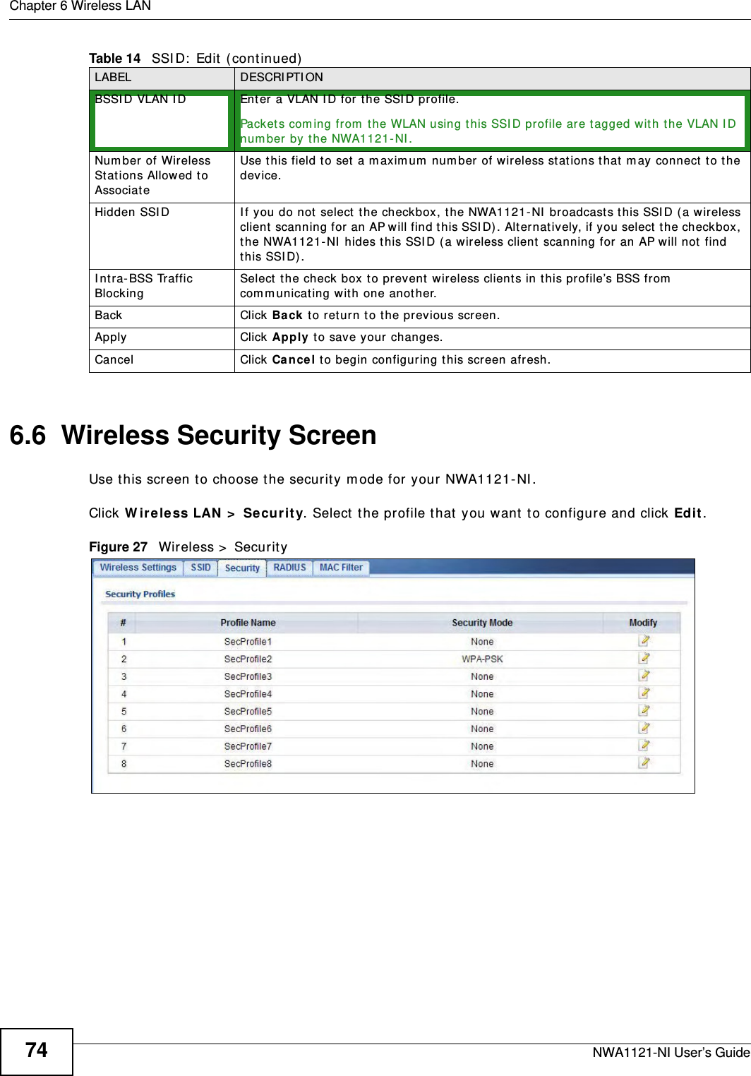Chapter 6 Wireless LANNWA1121-NI User’s Guide746.6  Wireless Security ScreenUse this screen to choose the security mode for your NWA1121-NI. Click Wireless LAN &gt; Security. Select the profile that you want to configure and click Edit.Figure 27   Wireless &gt; SecurityBSSID VLAN ID Enter a VLAN ID for the SSID profile.Packets coming from the WLAN using this SSID profile are tagged with the VLAN ID number by the NWA1121-NI. Number of Wireless Stations Allowed to AssociateUse this field to set a maximum number of wireless stations that may connect to the device.Hidden SSID If you do not select the checkbox, the NWA1121-NI broadcasts this SSID (a wireless client scanning for an AP will find this SSID). Alternatively, if you select the checkbox, the NWA1121-NI hides this SSID (a wireless client scanning for an AP will not find this SSID).Intra-BSS Traffic Blocking Select the check box to prevent wireless clients in this profile’s BSS from communicating with one another.Back Click Back to return to the previous screen.Apply Click Apply to save your changes.Cancel Click Cancel to begin configuring this screen afresh.Table 14   SSID: Edit (continued)LABEL DESCRIPTION