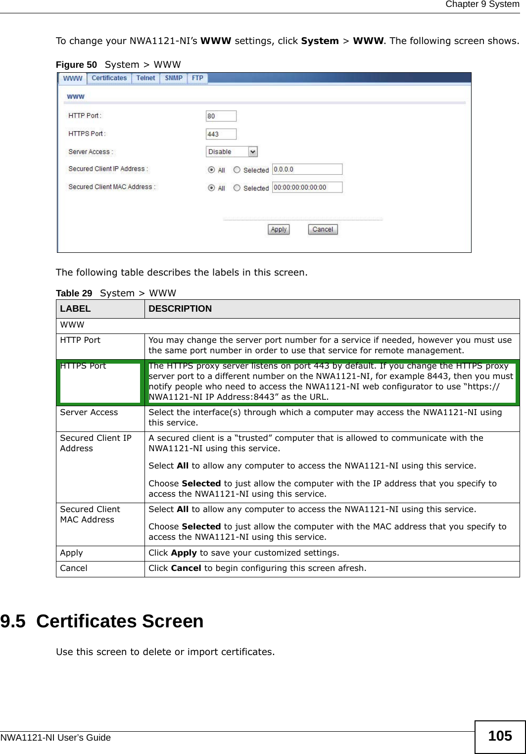  Chapter 9 SystemNWA1121-NI User’s Guide 105To change your NWA1121-NI’s WWW settings, click System &gt; WWW. The following screen shows.Figure 50   System &gt; WWWThe following table describes the labels in this screen.9.5  Certificates ScreenUse this screen to delete or import certificates.Table 29   System &gt; WWWLABEL DESCRIPTIONWWWHTTP Port You may change the server port number for a service if needed, however you must use the same port number in order to use that service for remote management.HTTPS Port The HTTPS proxy server listens on port 443 by default. If you change the HTTPS proxy server port to a different number on the NWA1121-NI, for example 8443, then you must notify people who need to access the NWA1121-NI web configurator to use “https://NWA1121-NI IP Address:8443” as the URL.Server Access Select the interface(s) through which a computer may access the NWA1121-NI using this service.Secured Client IP AddressA secured client is a “trusted” computer that is allowed to communicate with the NWA1121-NI using this service. Select All to allow any computer to access the NWA1121-NI using this service.Choose Selected to just allow the computer with the IP address that you specify to access the NWA1121-NI using this service.Secured Client MAC AddressSelect All to allow any computer to access the NWA1121-NI using this service.Choose Selected to just allow the computer with the MAC address that you specify to access the NWA1121-NI using this service.Apply Click Apply to save your customized settings. Cancel Click Cancel to begin configuring this screen afresh.