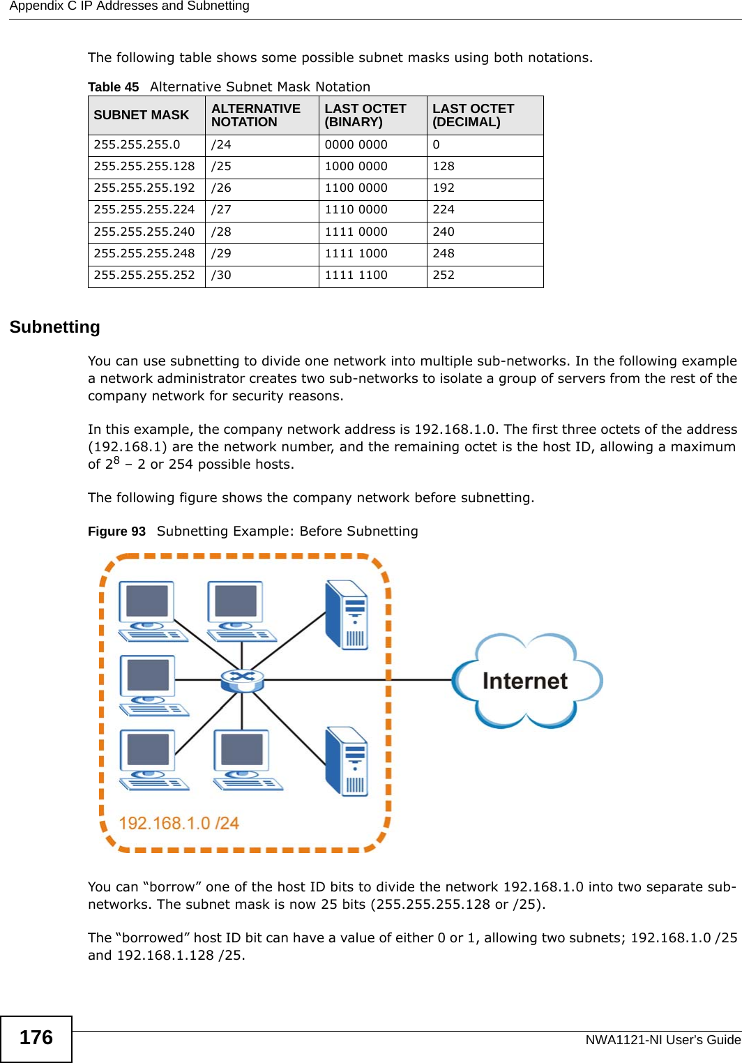 Appendix C IP Addresses and SubnettingNWA1121-NI User’s Guide176The following table shows some possible subnet masks using both notations. SubnettingYou can use subnetting to divide one network into multiple sub-networks. In the following example a network administrator creates two sub-networks to isolate a group of servers from the rest of the company network for security reasons.In this example, the company network address is 192.168.1.0. The first three octets of the address (192.168.1) are the network number, and the remaining octet is the host ID, allowing a maximum of 28 – 2 or 254 possible hosts.The following figure shows the company network before subnetting. Figure 93   Subnetting Example: Before SubnettingYou can “borrow” one of the host ID bits to divide the network 192.168.1.0 into two separate sub-networks. The subnet mask is now 25 bits (255.255.255.128 or /25).The “borrowed” host ID bit can have a value of either 0 or 1, allowing two subnets; 192.168.1.0 /25 and 192.168.1.128 /25. Table 45   Alternative Subnet Mask NotationSUBNET MASK ALTERNATIVE NOTATION LAST OCTET (BINARY) LAST OCTET (DECIMAL)255.255.255.0 /24 0000 0000 0255.255.255.128 /25 1000 0000 128255.255.255.192 /26 1100 0000 192255.255.255.224 /27 1110 0000 224255.255.255.240 /28 1111 0000 240255.255.255.248 /29 1111 1000 248255.255.255.252 /30 1111 1100 252