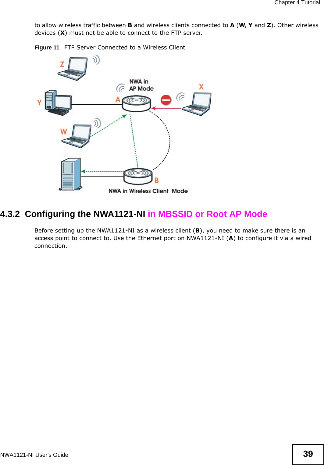 Chapter 4 TutorialNWA1121-NI User’s Guide 39to allow wireless traffic between B and wireless clients connected to A (W, Y and Z). Other wireless devices (X) must not be able to connect to the FTP server. Figure 11   FTP Server Connected to a Wireless Client4.3.2  Configuring the NWA1121-NI in MBSSID or Root AP ModeBefore setting up the NWA1121-NI as a wireless client (B), you need to make sure there is an access point to connect to. Use the Ethernet port on NWA1121-NI (A) to configure it via a wired connection. 