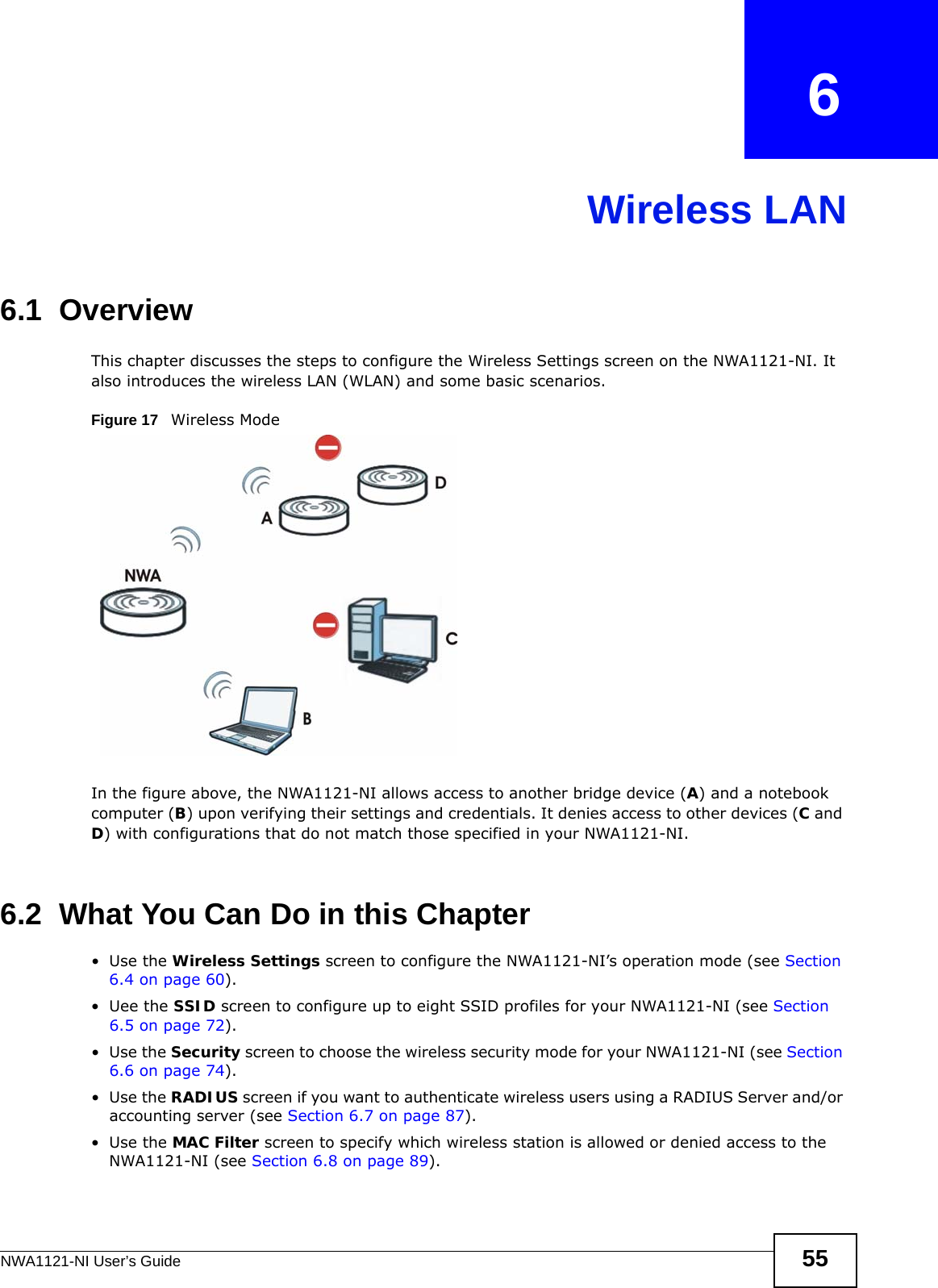 NWA1121-NI User’s Guide 55CHAPTER   6Wireless LAN6.1  OverviewThis chapter discusses the steps to configure the Wireless Settings screen on the NWA1121-NI. It also introduces the wireless LAN (WLAN) and some basic scenarios.Figure 17   Wireless ModeIn the figure above, the NWA1121-NI allows access to another bridge device (A) and a notebook computer (B) upon verifying their settings and credentials. It denies access to other devices (C and D) with configurations that do not match those specified in your NWA1121-NI.6.2  What You Can Do in this Chapter•Use the Wireless Settings screen to configure the NWA1121-NI’s operation mode (see Section 6.4 on page 60).•Uee the SSID screen to configure up to eight SSID profiles for your NWA1121-NI (see Section 6.5 on page 72).•Use the Security screen to choose the wireless security mode for your NWA1121-NI (see Section 6.6 on page 74).•Use the RADIUS screen if you want to authenticate wireless users using a RADIUS Server and/or accounting server (see Section 6.7 on page 87).•Use the MAC Filter screen to specify which wireless station is allowed or denied access to the NWA1121-NI (see Section 6.8 on page 89).
