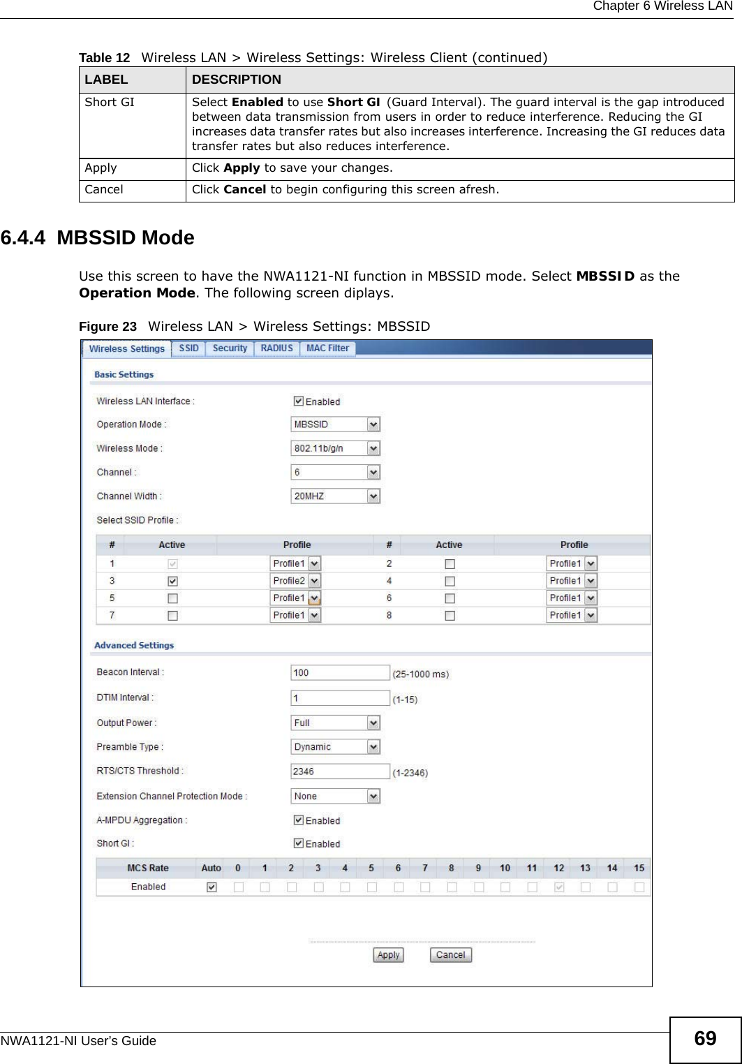  Chapter 6 Wireless LANNWA1121-NI User’s Guide 696.4.4  MBSSID ModeUse this screen to have the NWA1121-NI function in MBSSID mode. Select MBSSID as the Operation Mode. The following screen diplays.Figure 23   Wireless LAN &gt; Wireless Settings: MBSSIDShort GI  Select Enabled to use Short GI (Guard Interval). The guard interval is the gap introduced between data transmission from users in order to reduce interference. Reducing the GI increases data transfer rates but also increases interference. Increasing the GI reduces data transfer rates but also reduces interference.Apply Click Apply to save your changes.Cancel Click Cancel to begin configuring this screen afresh.Table 12   Wireless LAN &gt; Wireless Settings: Wireless Client (continued)LABEL DESCRIPTION