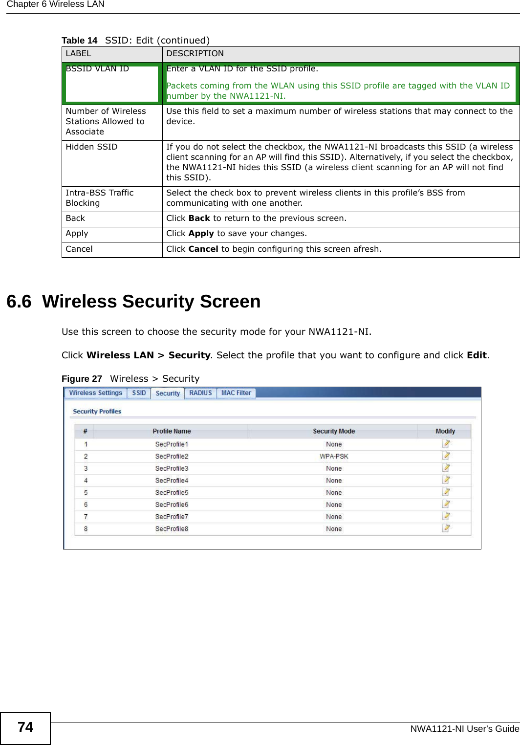 Chapter 6 Wireless LANNWA1121-NI User’s Guide746.6  Wireless Security ScreenUse this screen to choose the security mode for your NWA1121-NI. Click Wireless LAN &gt; Security. Select the profile that you want to configure and click Edit.Figure 27   Wireless &gt; SecurityBSSID VLAN ID Enter a VLAN ID for the SSID profile.Packets coming from the WLAN using this SSID profile are tagged with the VLAN ID number by the NWA1121-NI. Number of Wireless Stations Allowed to AssociateUse this field to set a maximum number of wireless stations that may connect to the device.Hidden SSID If you do not select the checkbox, the NWA1121-NI broadcasts this SSID (a wireless client scanning for an AP will find this SSID). Alternatively, if you select the checkbox, the NWA1121-NI hides this SSID (a wireless client scanning for an AP will not find this SSID).Intra-BSS Traffic BlockingSelect the check box to prevent wireless clients in this profile’s BSS from communicating with one another.Back Click Back to return to the previous screen.Apply Click Apply to save your changes.Cancel Click Cancel to begin configuring this screen afresh.Table 14   SSID: Edit (continued)LABEL DESCRIPTION