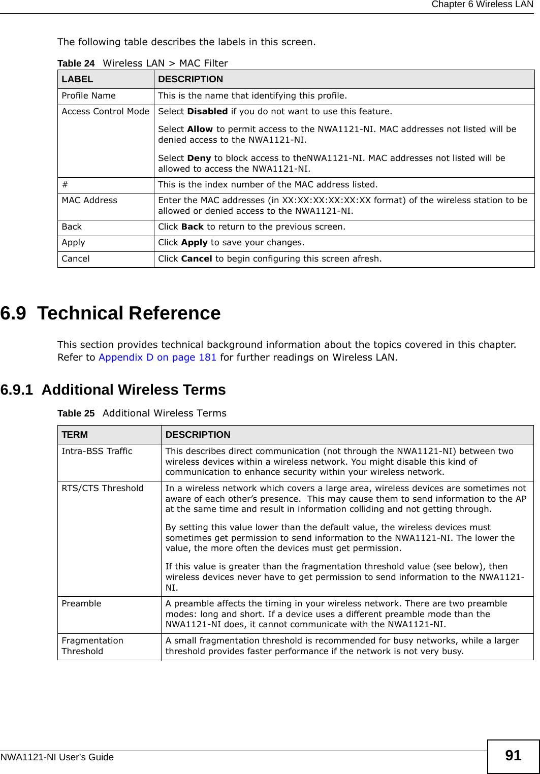  Chapter 6 Wireless LANNWA1121-NI User’s Guide 91The following table describes the labels in this screen.6.9  Technical ReferenceThis section provides technical background information about the topics covered in this chapter. Refer to Appendix D on page 181 for further readings on Wireless LAN.6.9.1  Additional Wireless TermsTable 25   Additional Wireless TermsTable 24   Wireless LAN &gt; MAC FilterLABEL DESCRIPTIONProfile Name This is the name that identifying this profile.Access Control Mode Select Disabled if you do not want to use this feature.Select Allow to permit access to the NWA1121-NI. MAC addresses not listed will be denied access to the NWA1121-NI.Select Deny to block access to theNWA1121-NI. MAC addresses not listed will be allowed to access the NWA1121-NI.#This is the index number of the MAC address listed.MAC Address Enter the MAC addresses (in XX:XX:XX:XX:XX:XX format) of the wireless station to be allowed or denied access to the NWA1121-NI.Back Click Back to return to the previous screen.Apply Click Apply to save your changes.Cancel Click Cancel to begin configuring this screen afresh.TERM DESCRIPTIONIntra-BSS Traffic This describes direct communication (not through the NWA1121-NI) between two wireless devices within a wireless network. You might disable this kind of communication to enhance security within your wireless network.RTS/CTS Threshold In a wireless network which covers a large area, wireless devices are sometimes not aware of each other’s presence.  This may cause them to send information to the AP at the same time and result in information colliding and not getting through.By setting this value lower than the default value, the wireless devices must sometimes get permission to send information to the NWA1121-NI. The lower the value, the more often the devices must get permission.If this value is greater than the fragmentation threshold value (see below), then wireless devices never have to get permission to send information to the NWA1121-NI.Preamble A preamble affects the timing in your wireless network. There are two preamble modes: long and short. If a device uses a different preamble mode than the NWA1121-NI does, it cannot communicate with the NWA1121-NI.Fragmentation ThresholdA small fragmentation threshold is recommended for busy networks, while a larger threshold provides faster performance if the network is not very busy.