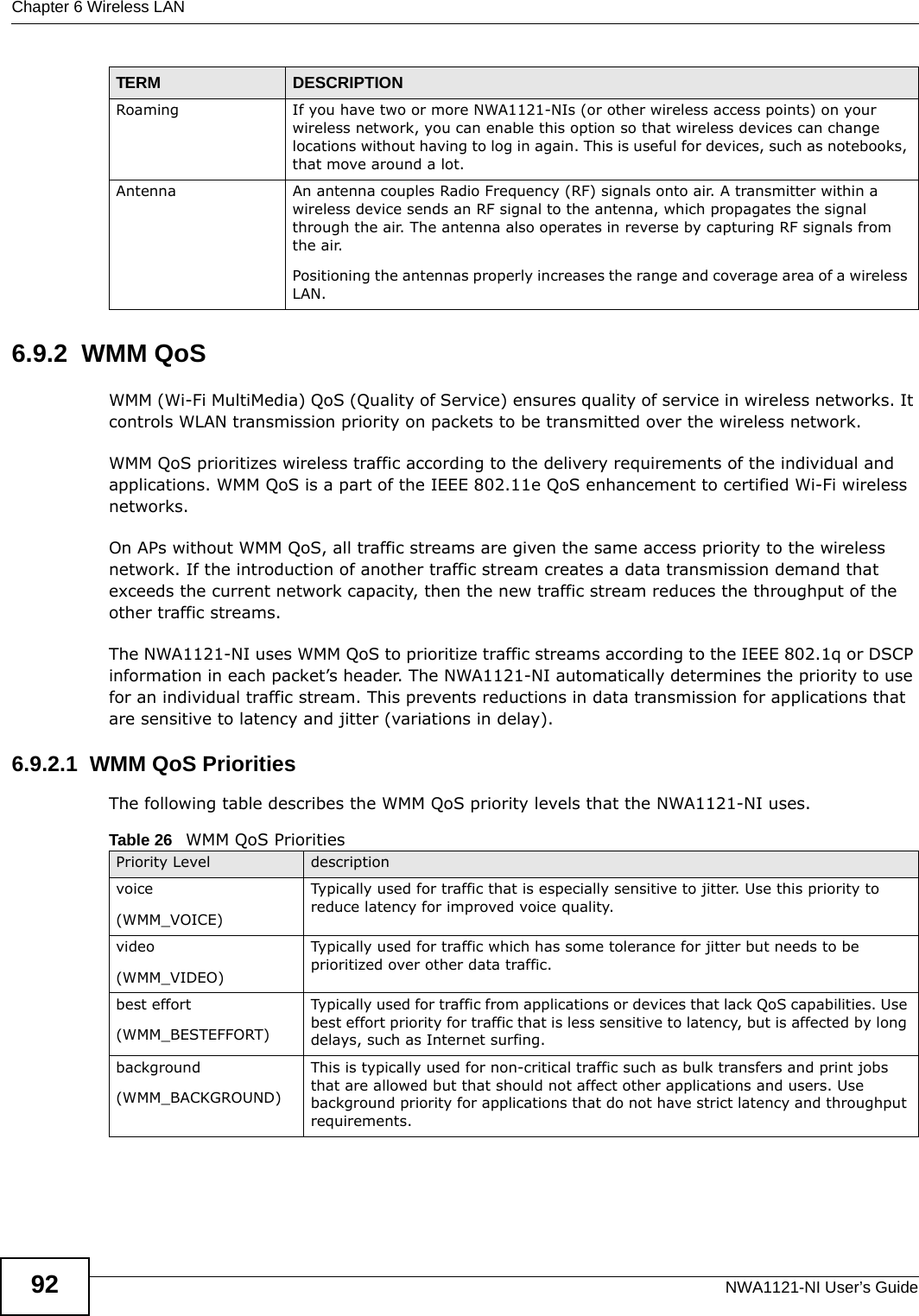 Chapter 6 Wireless LANNWA1121-NI User’s Guide926.9.2  WMM QoSWMM (Wi-Fi MultiMedia) QoS (Quality of Service) ensures quality of service in wireless networks. It controls WLAN transmission priority on packets to be transmitted over the wireless network.WMM QoS prioritizes wireless traffic according to the delivery requirements of the individual and applications. WMM QoS is a part of the IEEE 802.11e QoS enhancement to certified Wi-Fi wireless networks.On APs without WMM QoS, all traffic streams are given the same access priority to the wireless network. If the introduction of another traffic stream creates a data transmission demand that exceeds the current network capacity, then the new traffic stream reduces the throughput of the other traffic streams.The NWA1121-NI uses WMM QoS to prioritize traffic streams according to the IEEE 802.1q or DSCP information in each packet’s header. The NWA1121-NI automatically determines the priority to use for an individual traffic stream. This prevents reductions in data transmission for applications that are sensitive to latency and jitter (variations in delay).6.9.2.1  WMM QoS PrioritiesThe following table describes the WMM QoS priority levels that the NWA1121-NI uses.Roaming If you have two or more NWA1121-NIs (or other wireless access points) on your wireless network, you can enable this option so that wireless devices can change locations without having to log in again. This is useful for devices, such as notebooks, that move around a lot.Antenna An antenna couples Radio Frequency (RF) signals onto air. A transmitter within a wireless device sends an RF signal to the antenna, which propagates the signal through the air. The antenna also operates in reverse by capturing RF signals from the air. Positioning the antennas properly increases the range and coverage area of a wireless LAN. TERM DESCRIPTIONTable 26   WMM QoS PrioritiesPriority Level descriptionvoice(WMM_VOICE)Typically used for traffic that is especially sensitive to jitter. Use this priority to reduce latency for improved voice quality.video(WMM_VIDEO)Typically used for traffic which has some tolerance for jitter but needs to be prioritized over other data traffic.best effort(WMM_BESTEFFORT)Typically used for traffic from applications or devices that lack QoS capabilities. Use best effort priority for traffic that is less sensitive to latency, but is affected by long delays, such as Internet surfing.background(WMM_BACKGROUND)This is typically used for non-critical traffic such as bulk transfers and print jobs that are allowed but that should not affect other applications and users. Use background priority for applications that do not have strict latency and throughput requirements.