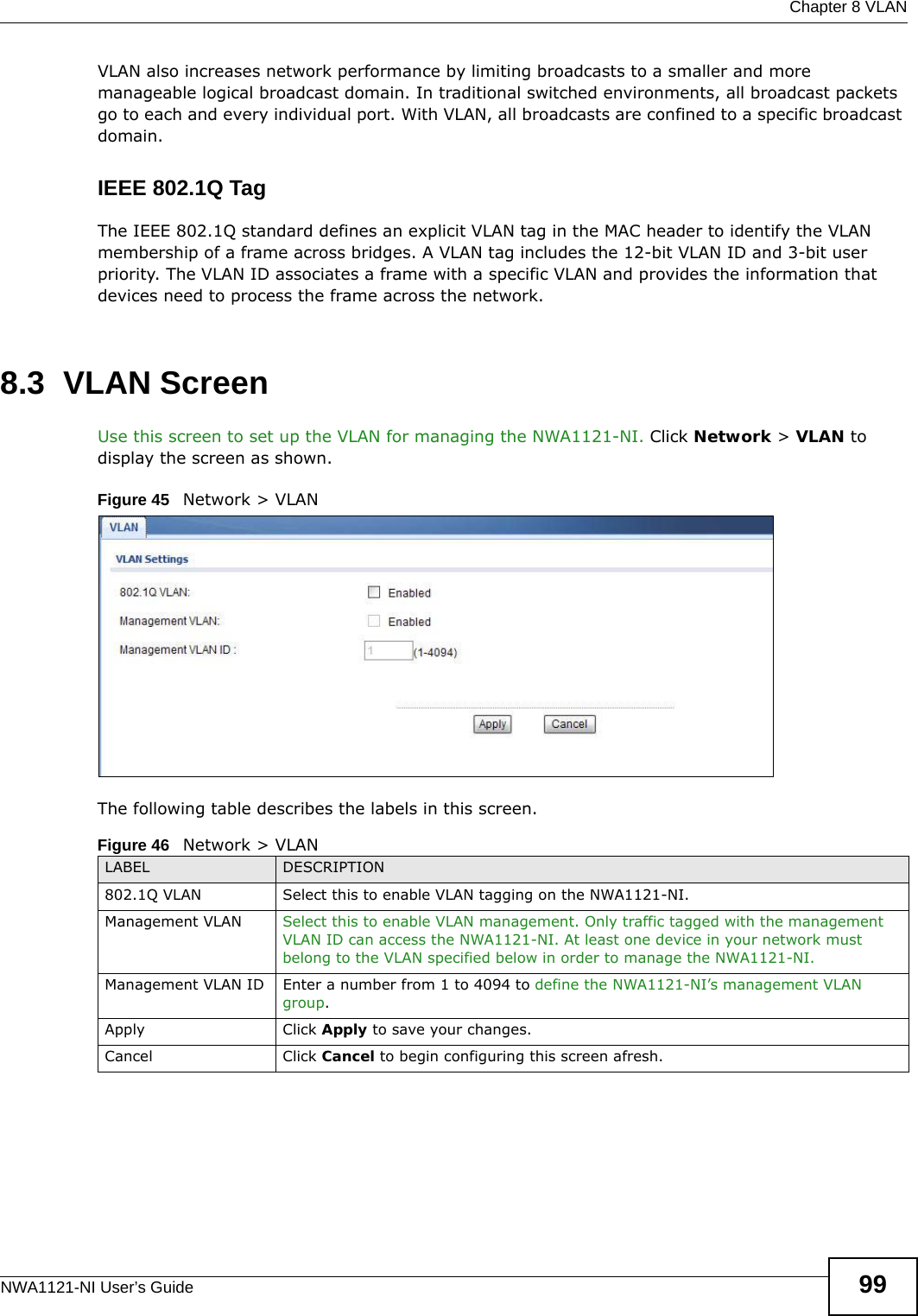 Chapter 8 VLANNWA1121-NI User’s Guide 99VLAN also increases network performance by limiting broadcasts to a smaller and more manageable logical broadcast domain. In traditional switched environments, all broadcast packets go to each and every individual port. With VLAN, all broadcasts are confined to a specific broadcast domain. IEEE 802.1Q TagThe IEEE 802.1Q standard defines an explicit VLAN tag in the MAC header to identify the VLAN membership of a frame across bridges. A VLAN tag includes the 12-bit VLAN ID and 3-bit user priority. The VLAN ID associates a frame with a specific VLAN and provides the information that devices need to process the frame across the network. 8.3  VLAN ScreenUse this screen to set up the VLAN for managing the NWA1121-NI. Click Network &gt; VLAN to display the screen as shown.Figure 45   Network &gt; VLANThe following table describes the labels in this screen.Figure 46   Network &gt; VLANLABEL DESCRIPTION802.1Q VLAN  Select this to enable VLAN tagging on the NWA1121-NI.Management VLAN Select this to enable VLAN management. Only traffic tagged with the management VLAN ID can access the NWA1121-NI. At least one device in your network must belong to the VLAN specified below in order to manage the NWA1121-NI.Management VLAN ID Enter a number from 1 to 4094 to define the NWA1121-NI’s management VLAN group. Apply Click Apply to save your changes.Cancel Click Cancel to begin configuring this screen afresh.